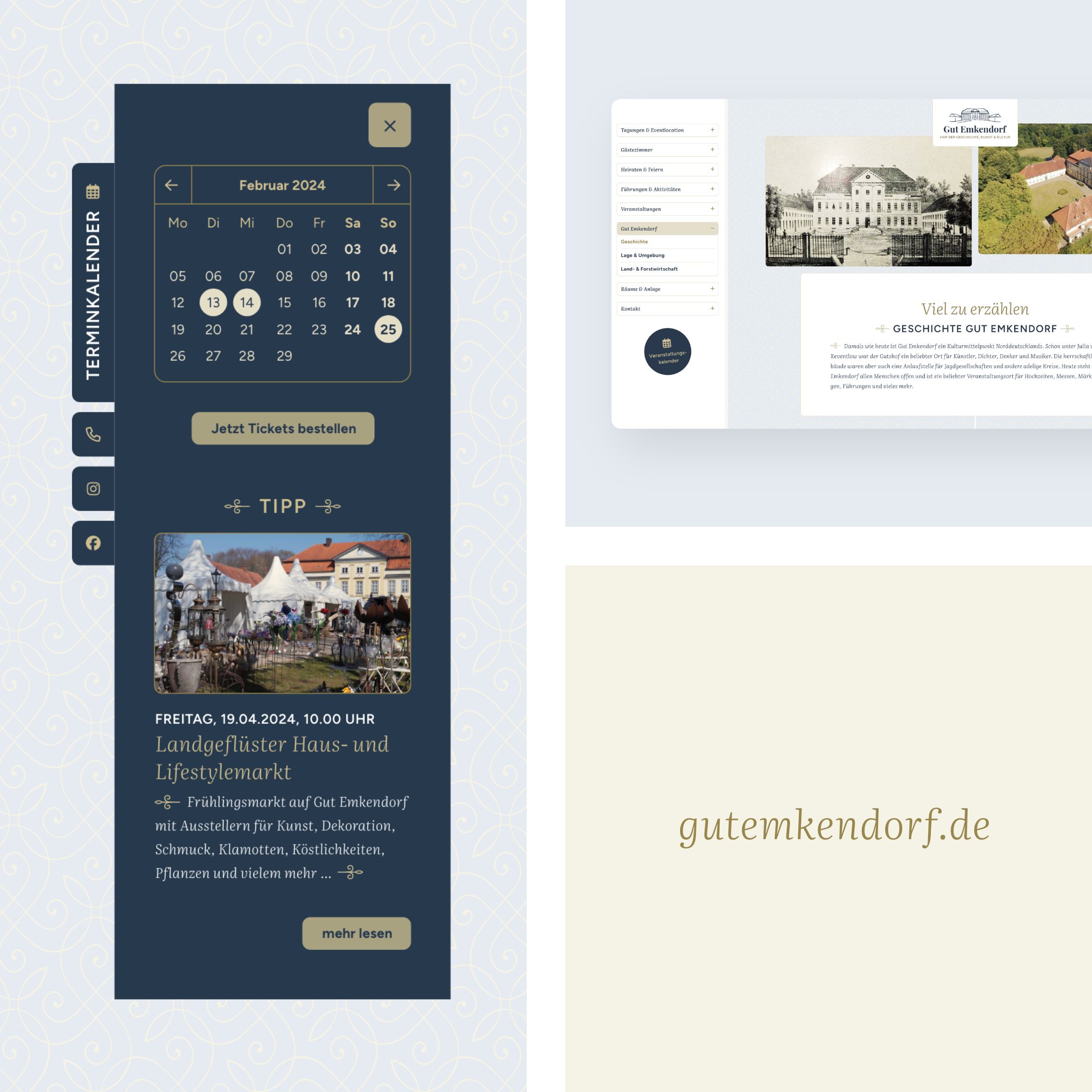 h2_gute_teaser_12.jpg Collage aus mehreren Ansichten der Website für Gut Emkendorf sowie URL