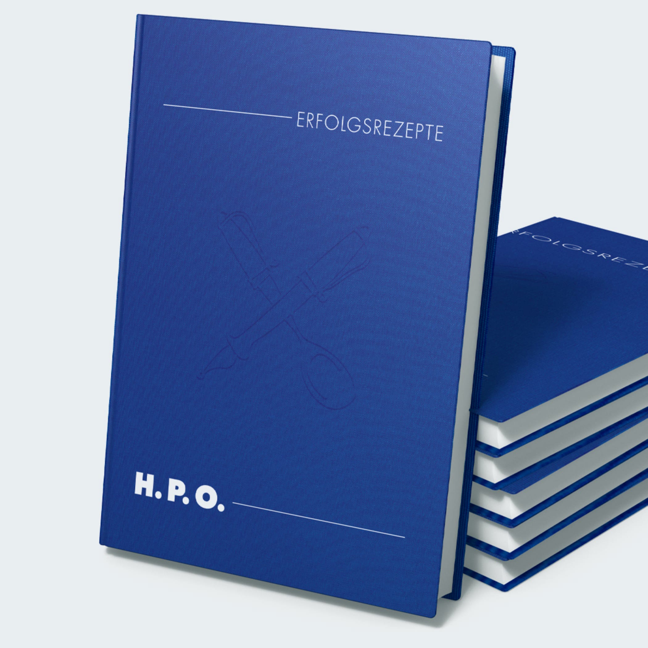 hochzwei_hpo_teaser_01_hauptteaser.jpg Ein Stapel an blauen Büchern mit dem Aufdruck Erfolgsrezept