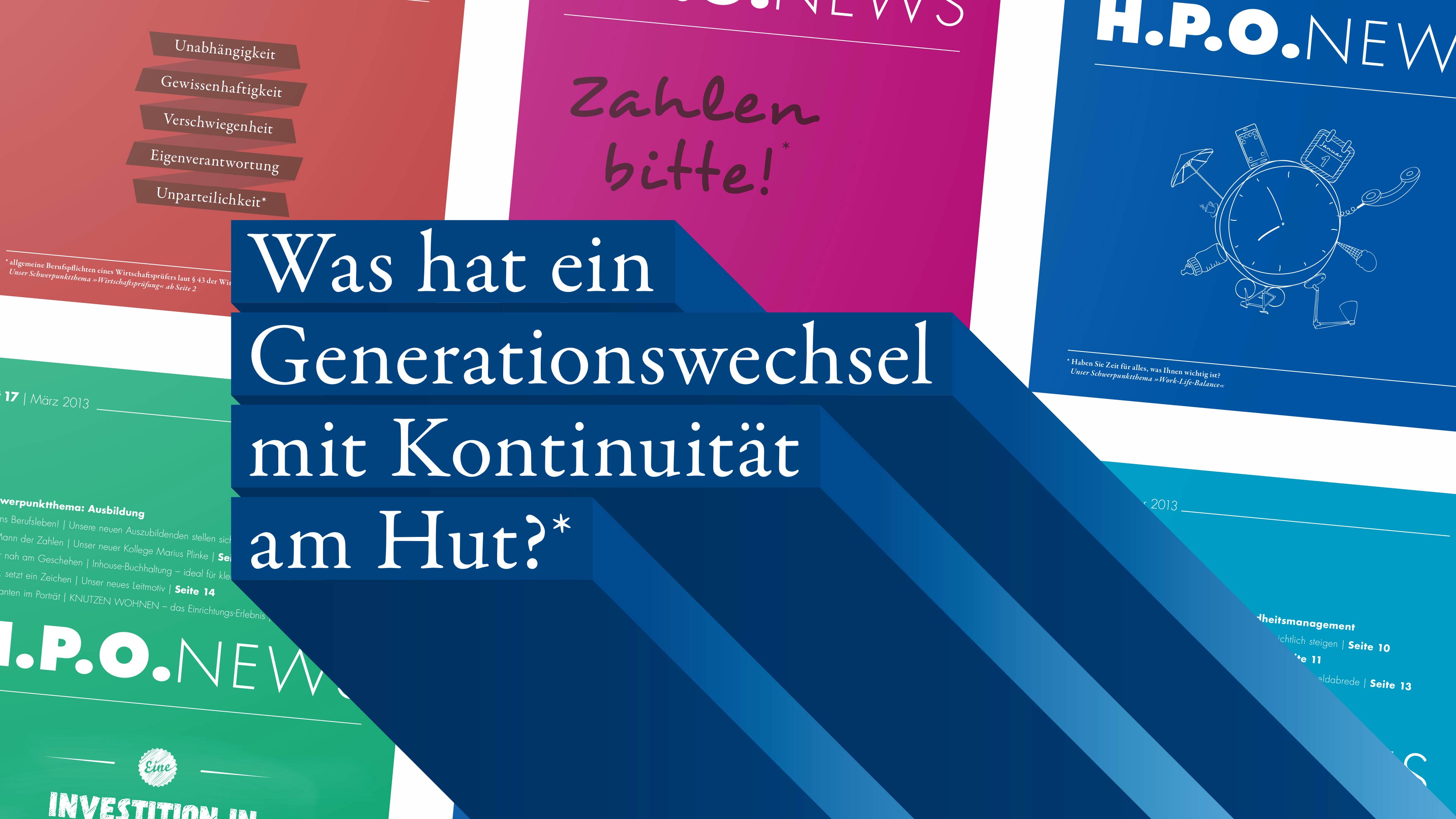 Eine Überschrift mit sechs Magazinen im Hintergrund