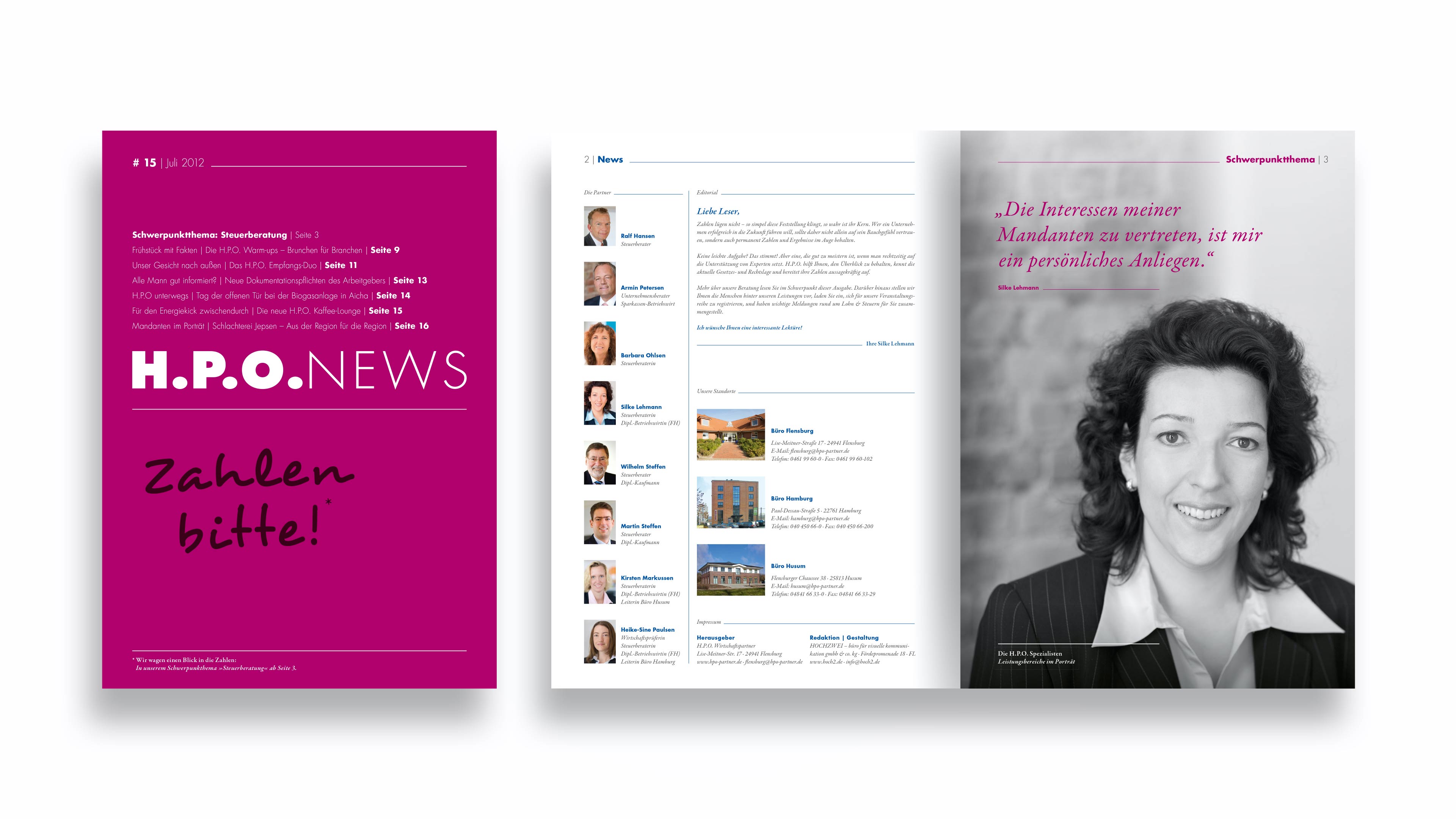 Ein lilanes aufgeklapptes HPO News Magazin