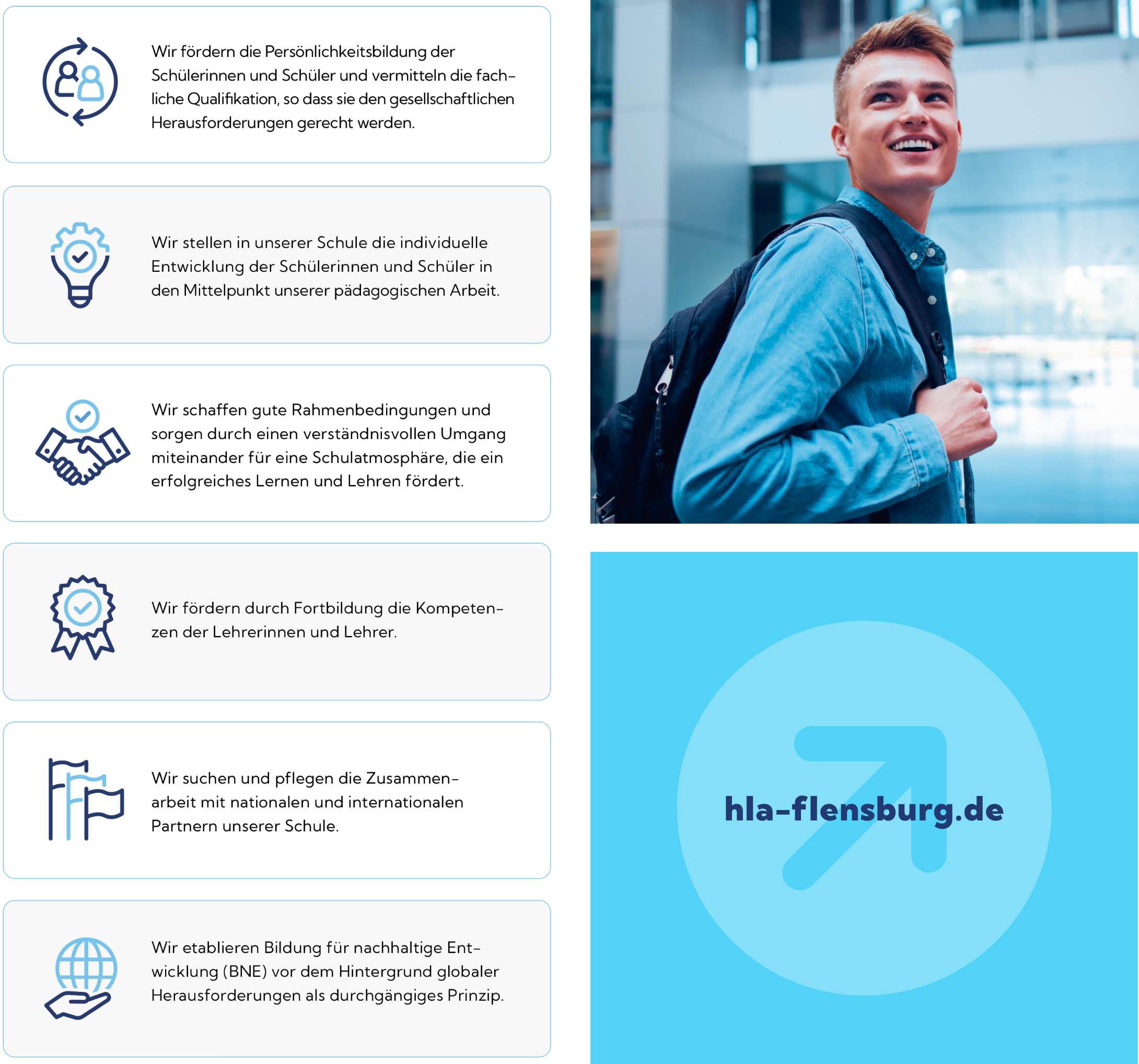 h2_hla_teaser_07.jpg Collage aus 3 Bildern: Leitbilder, Student mit Rucksack und Linkkachel