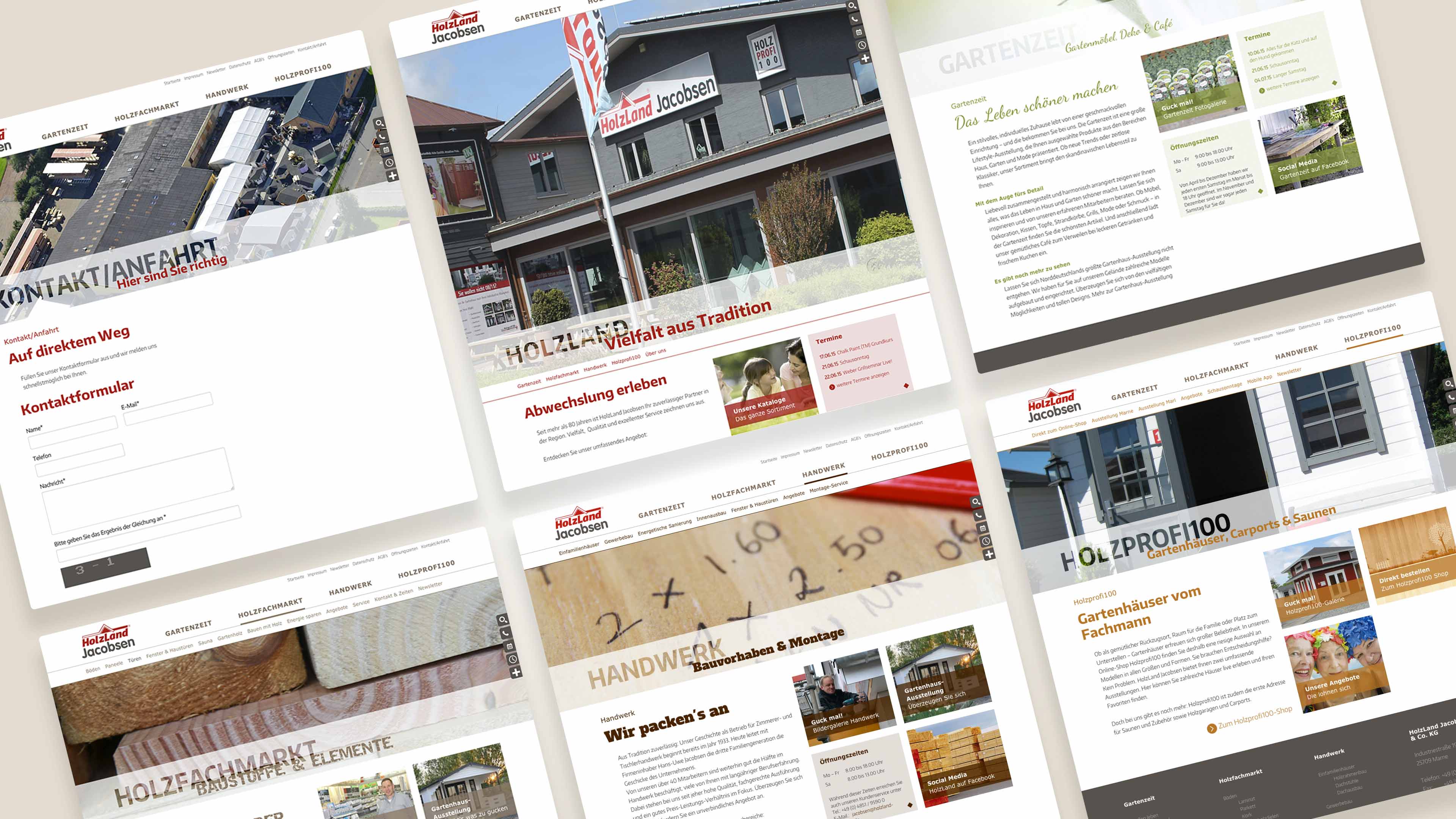 Sechs Homepage Unterseiten von Holzland Jacobsen