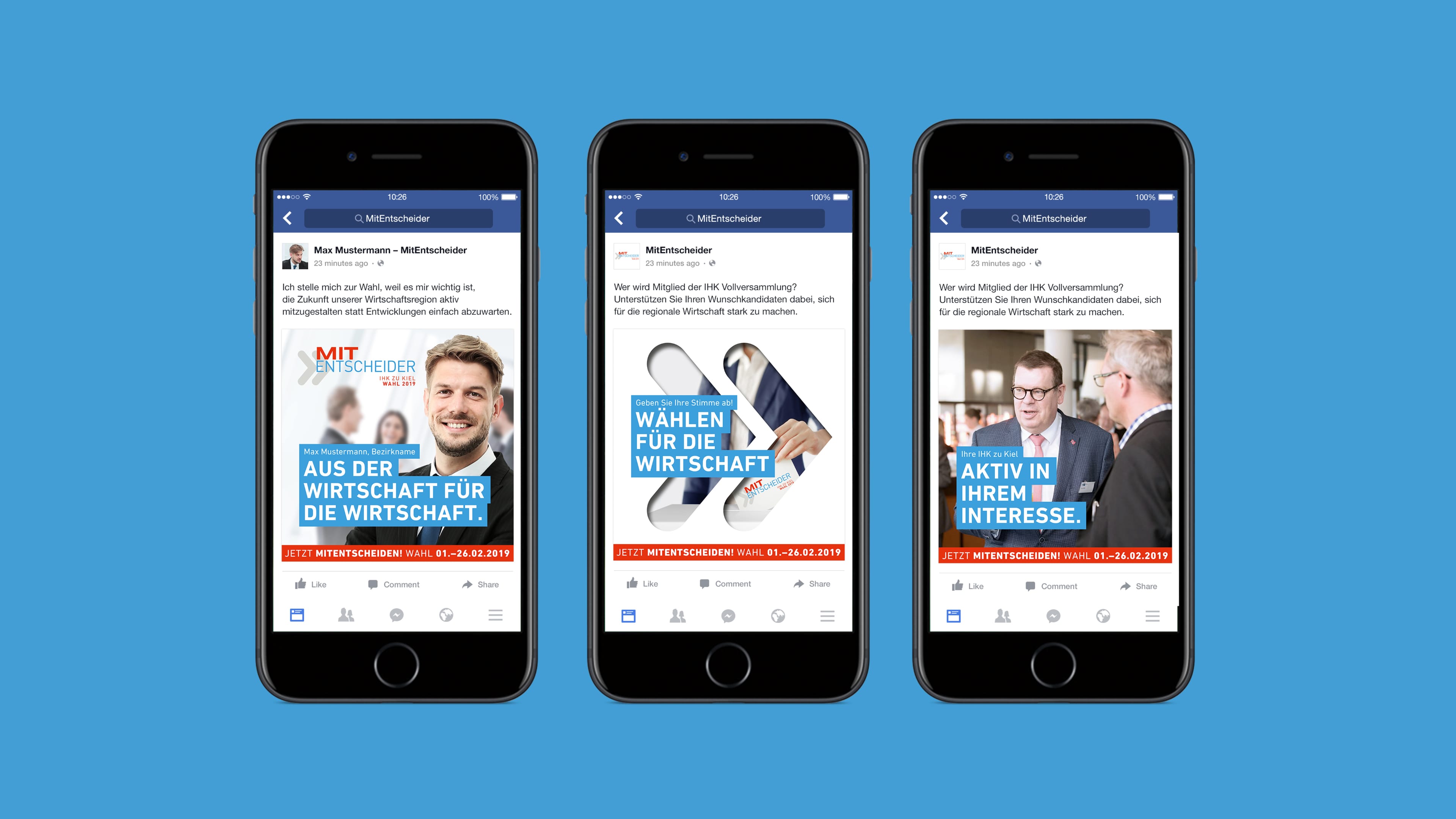 Drei Handy mit geöffneter IHK Facebokseite