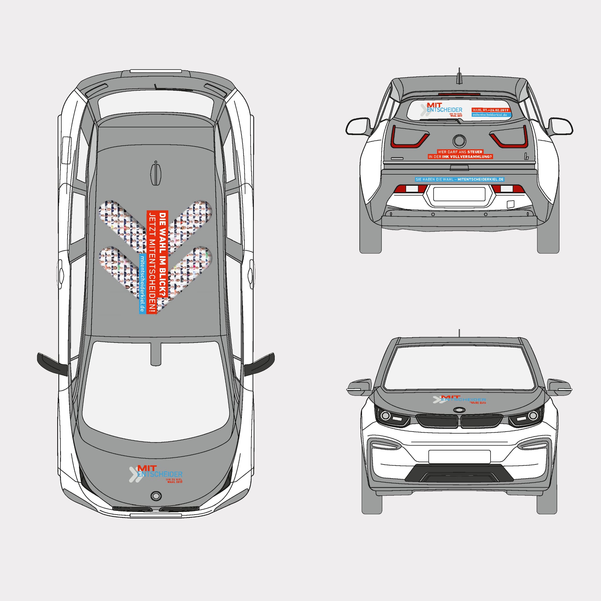 Illustriertes Auto gezeigt in allen Ansichten