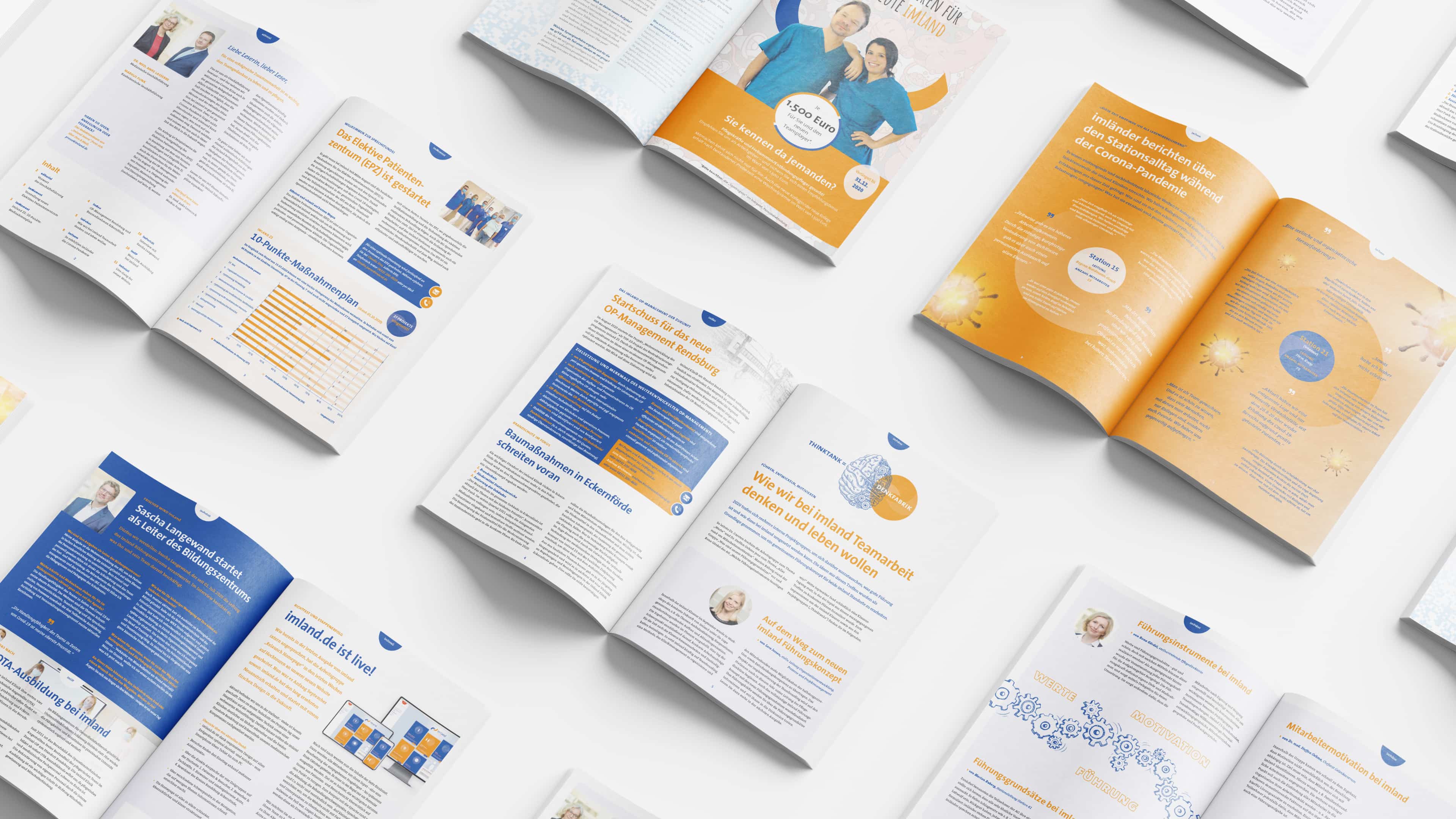 Sechs aufgeklappte Imland Magazine