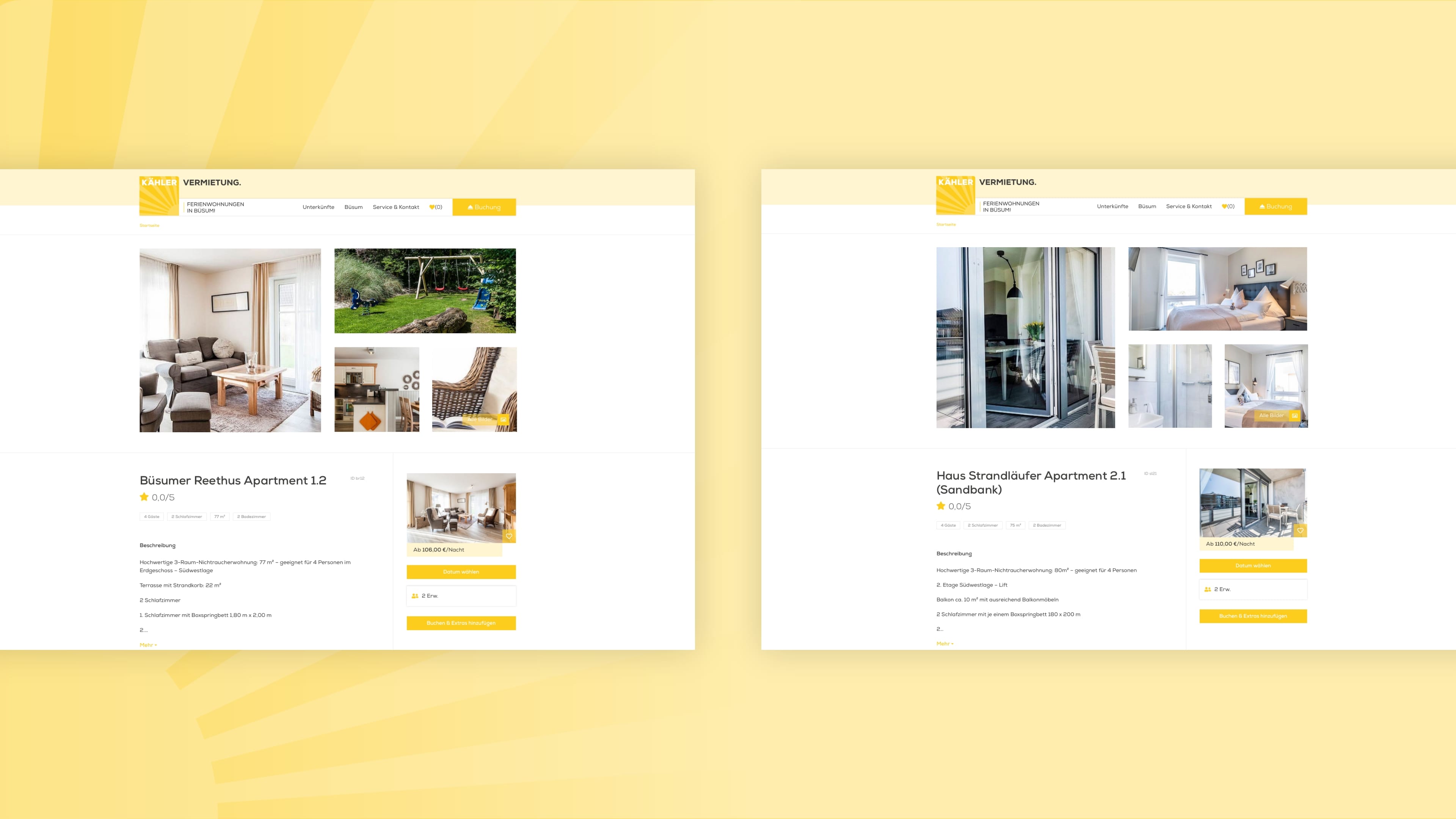Zwei Homepage Unterseiten der Kähler Vermietung