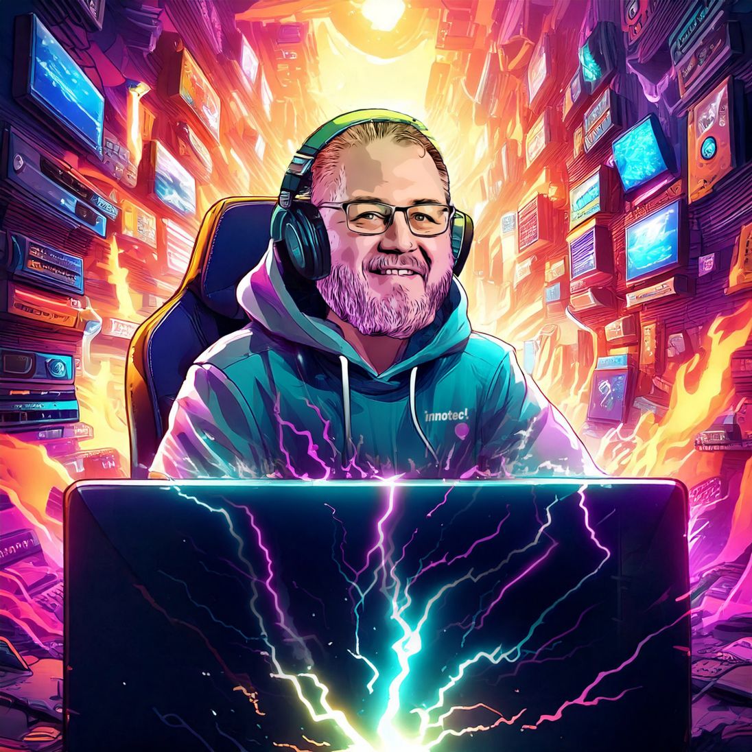 h2_Inno_Teaser_02.jpg Ein buntes KI-generiertes Bild von einem Mann am Laptop.