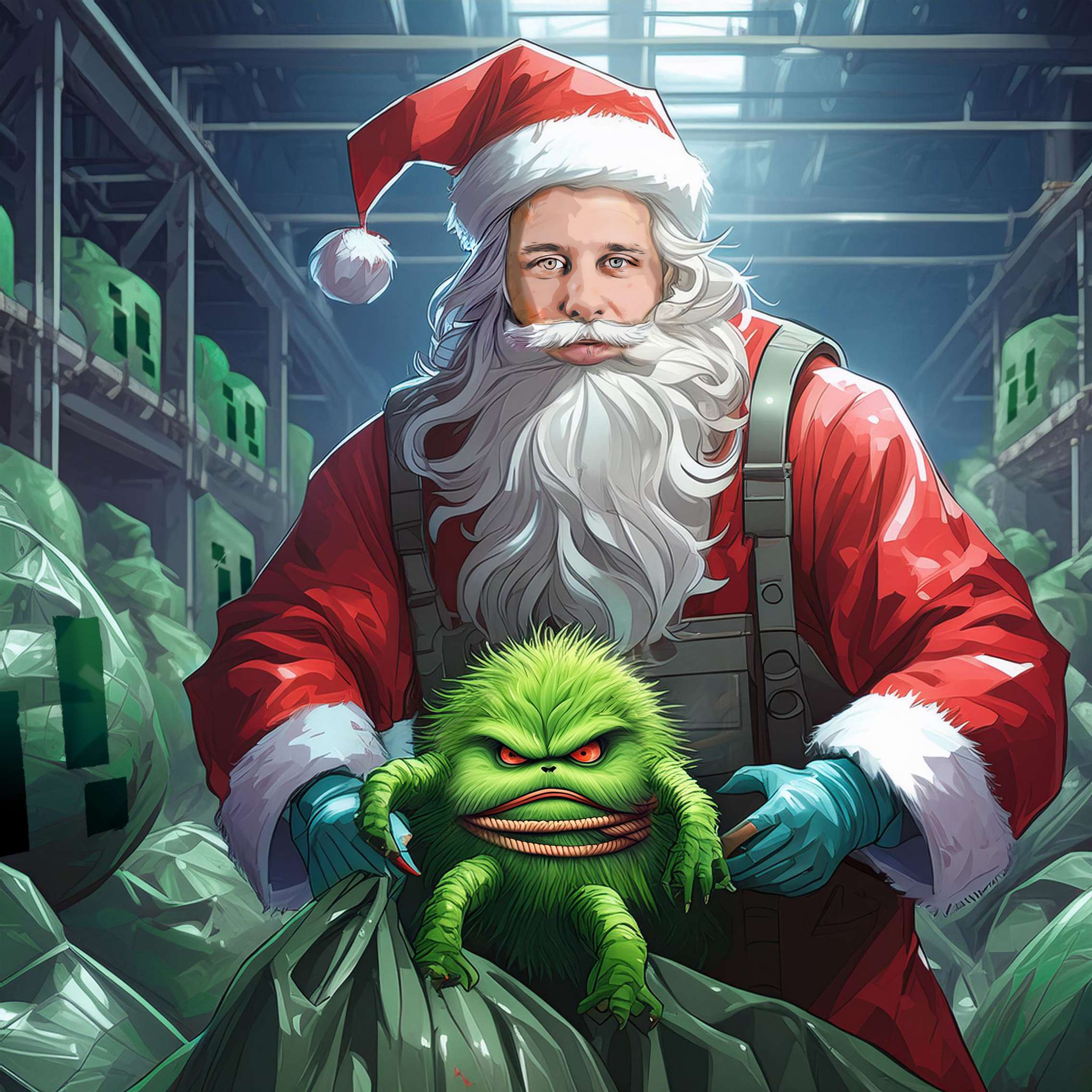 h2_Inno_Teaser_04.jpg KI-generiertes Bild eines Weihnachtsmannes mit einem Grinch-Kuscheltier.