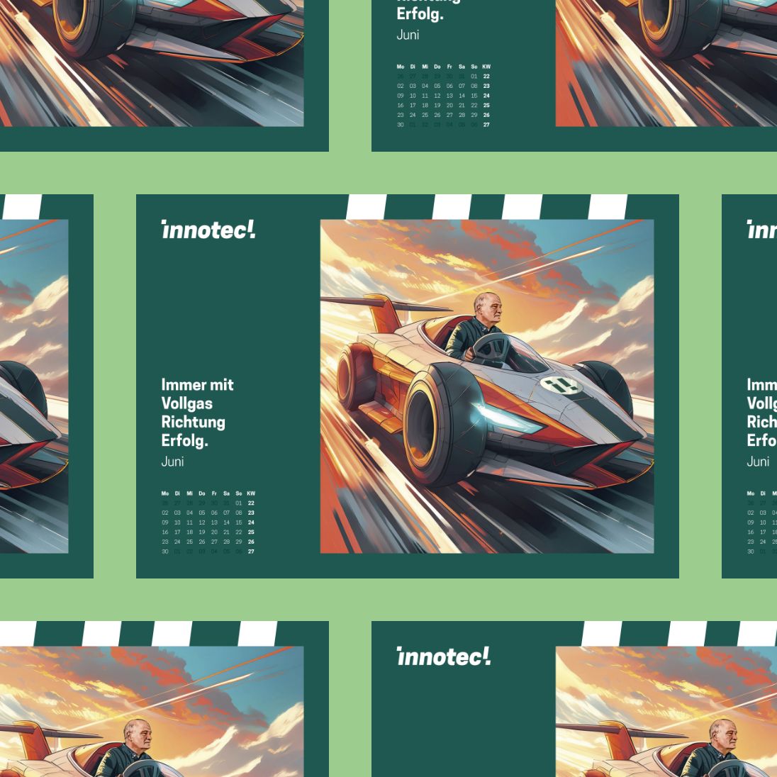 h2_Inno_Teaser_05.jpg Bild von einem Wandkalender auf hellgrünem Hintergrund. Der Kalender zeigt eine dunkelgrüne Seite mit einem KI-generierten Bild eines Rennfahrers in seinem Auto.