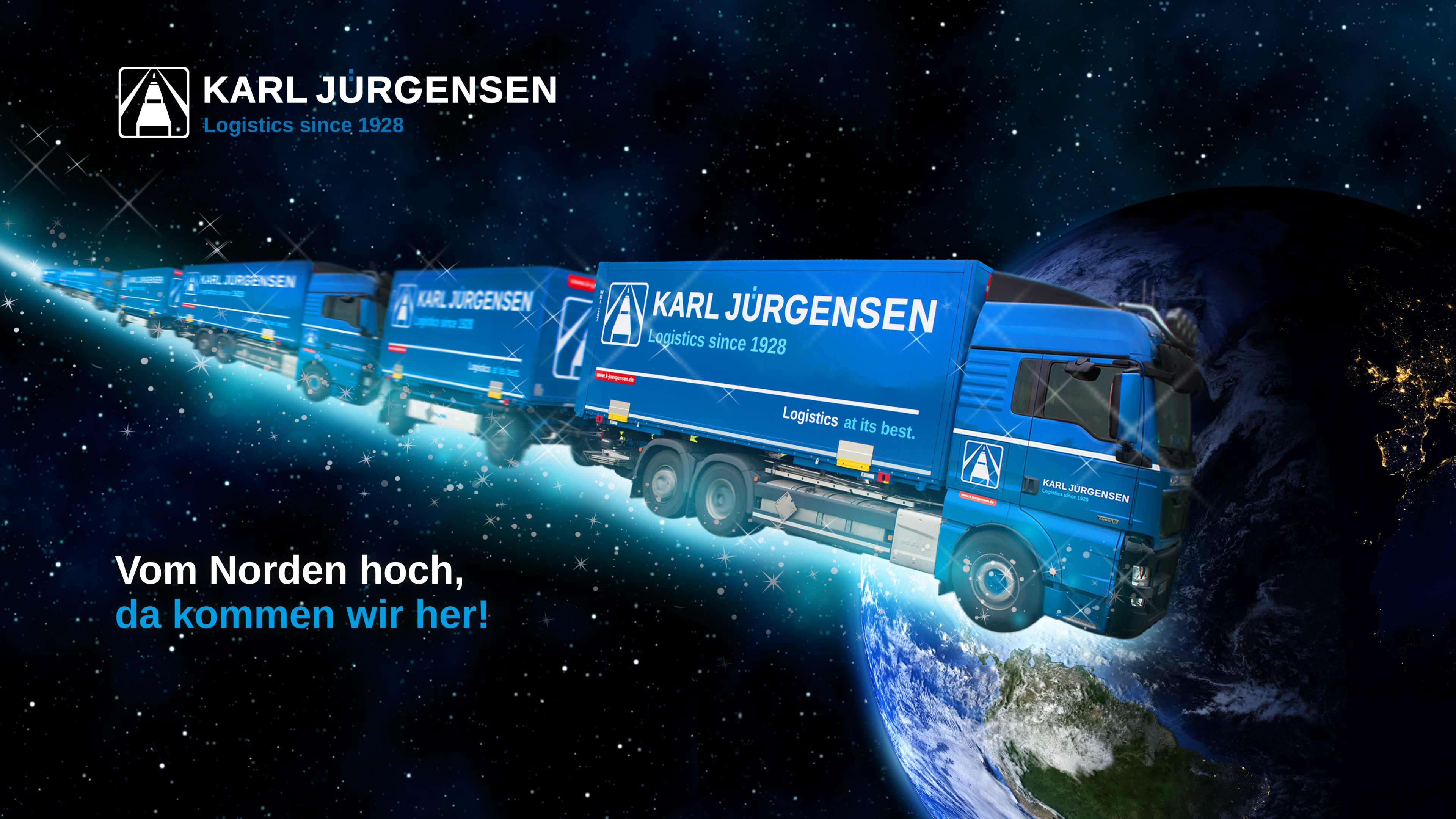 Eine Kolonne an LKWs fahren aus dem Weltall auf die Erde zu