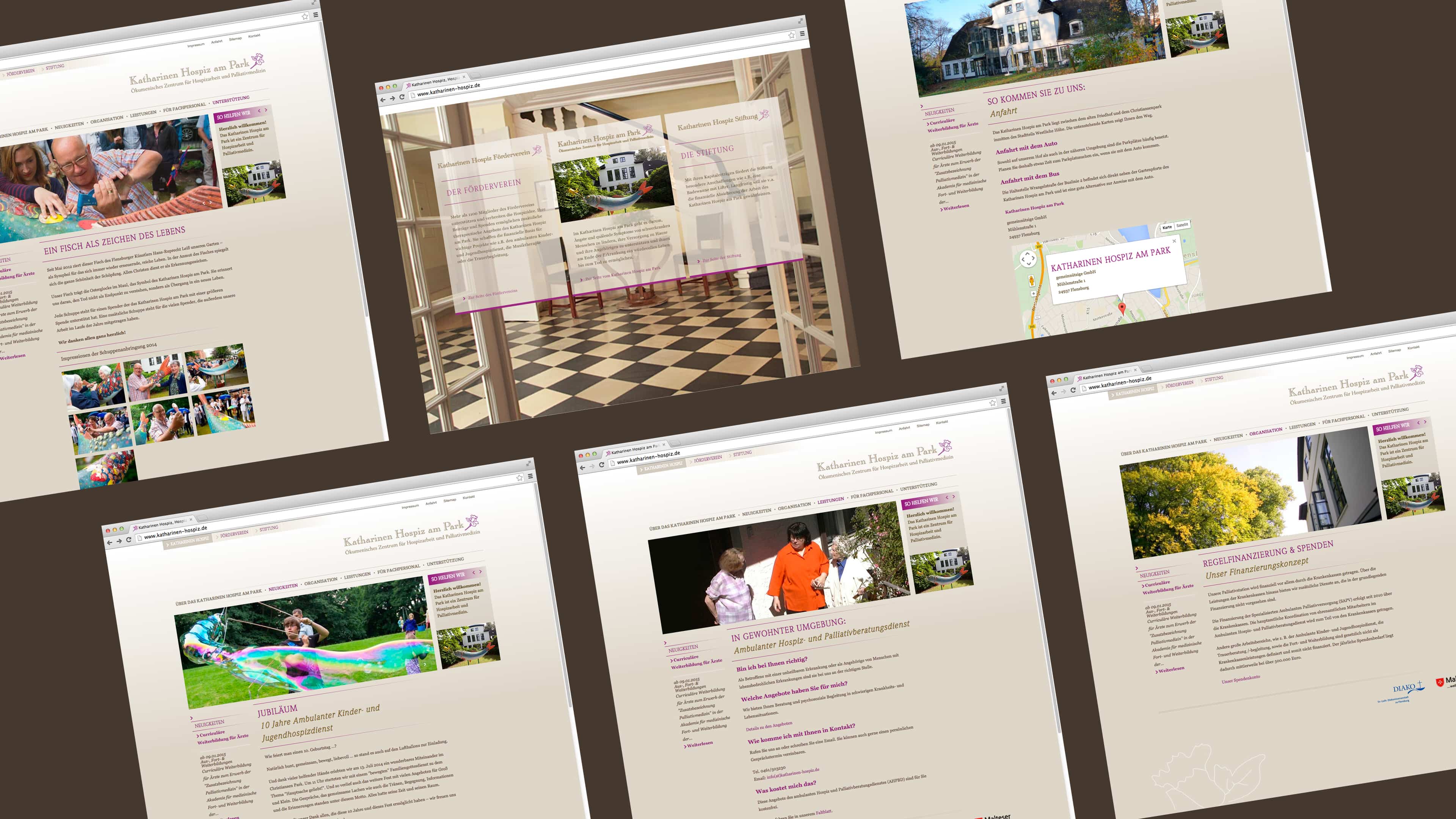 Sechs Unterseiten der Katharinen Hospiz Homepage