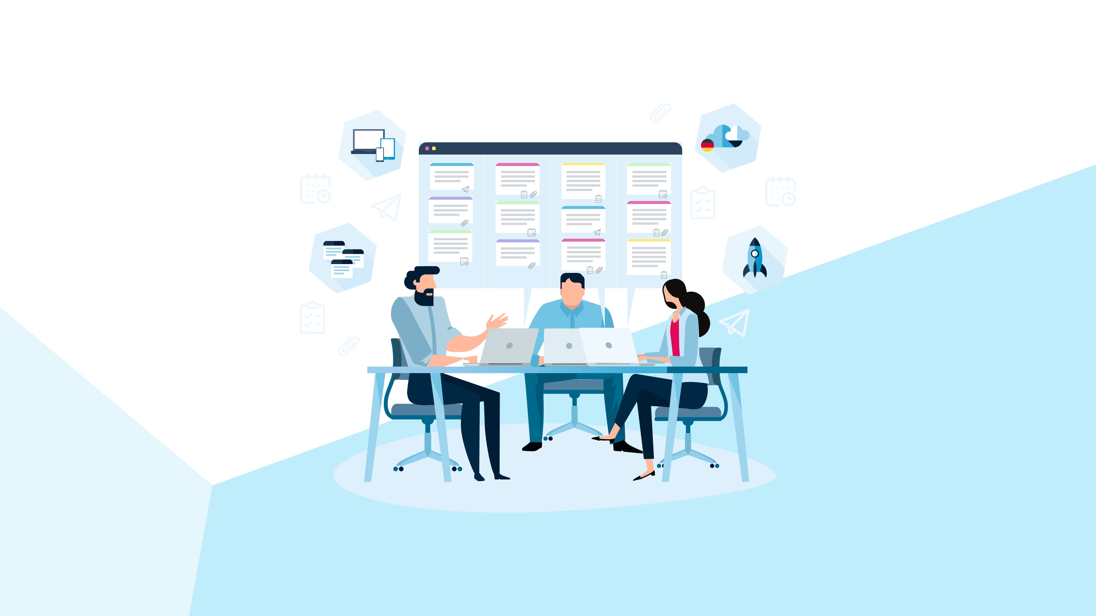 Drei illustrierte Personen sitzen um einen Schreibtisch herum