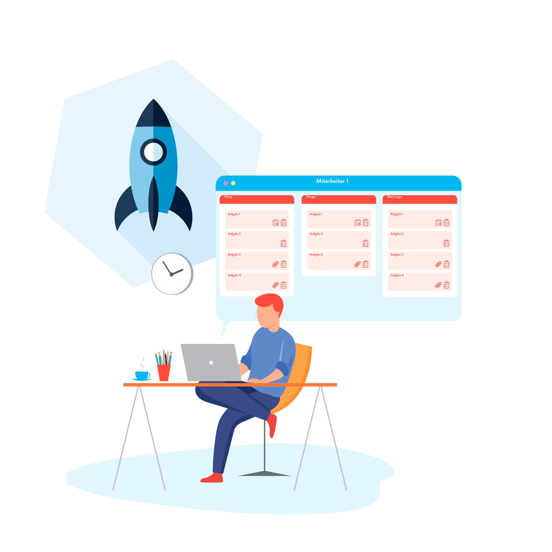 hochzwei_knpushbox_teaser_08.jpg Illustrierter Mann sitzt am Schreibtisch