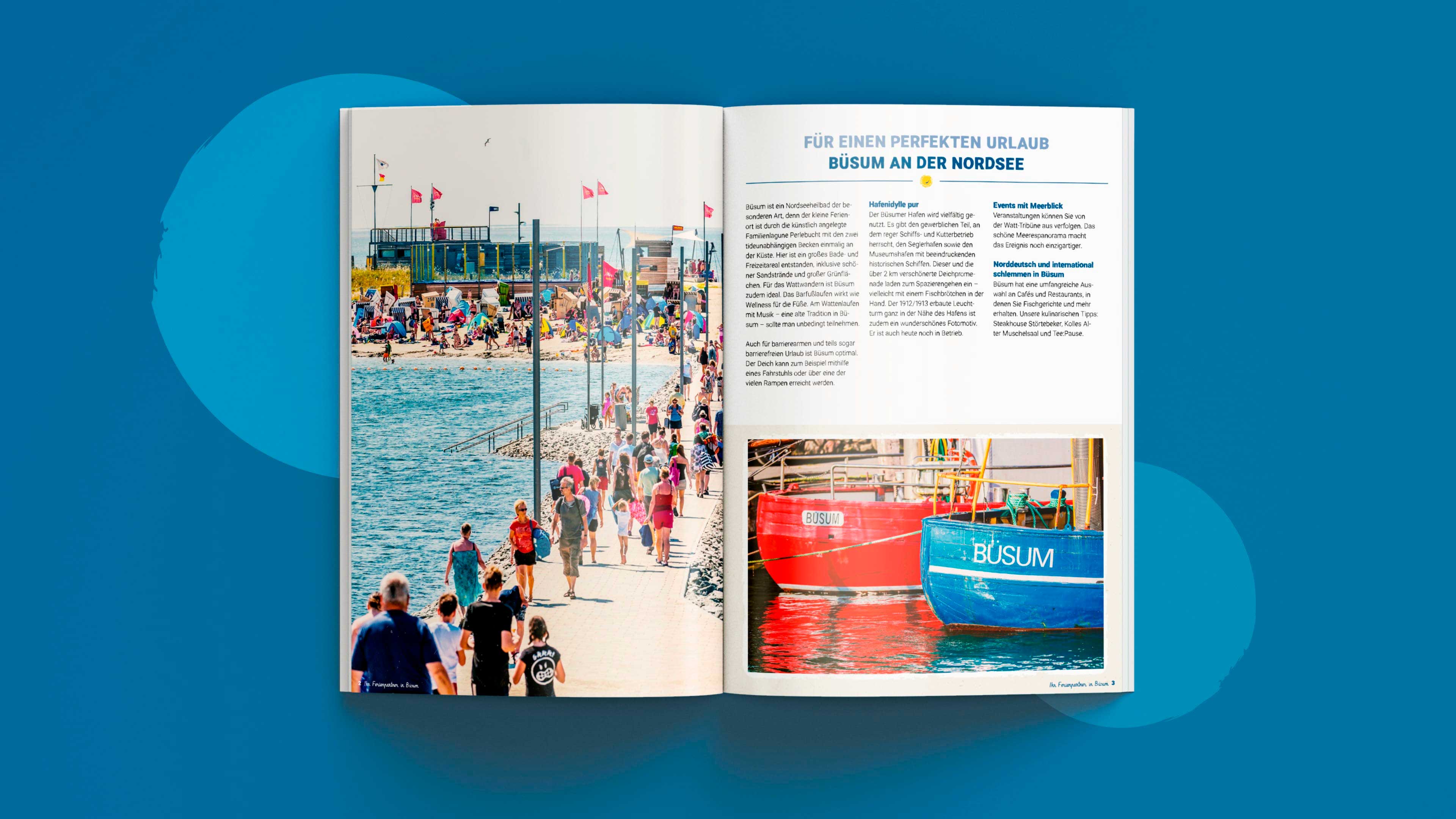 hochzwei_feliskatalog_slider_03.jpg Aufgeklappter Lilo Sattler Katalog mit einem Artikel über Büsum