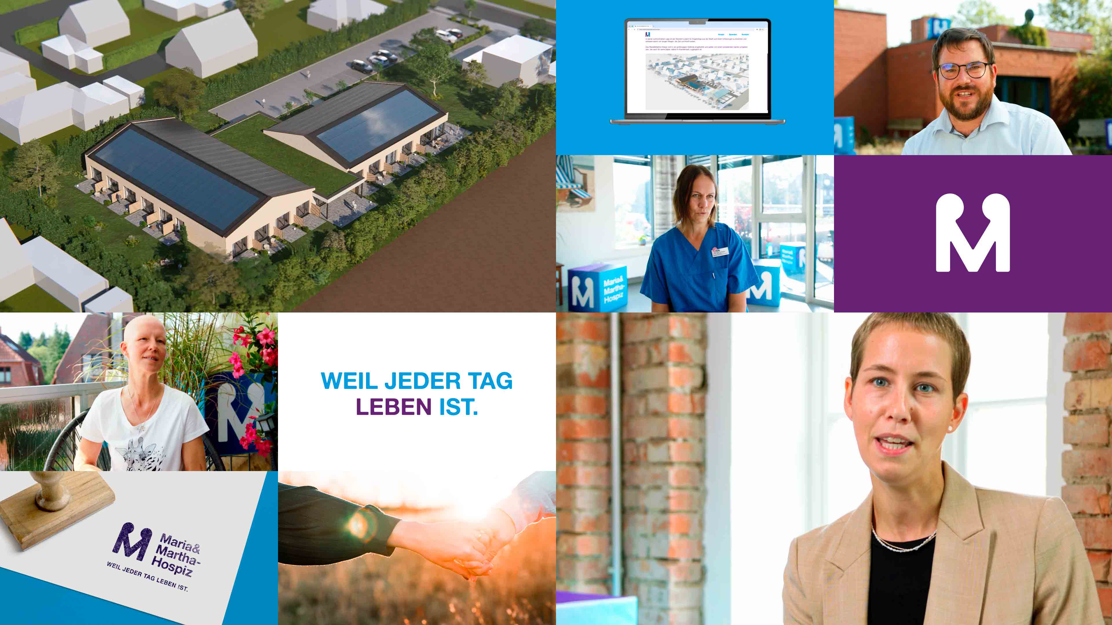 Collage mit Bildern des Hospizes, von Patient*innen und Angestellten