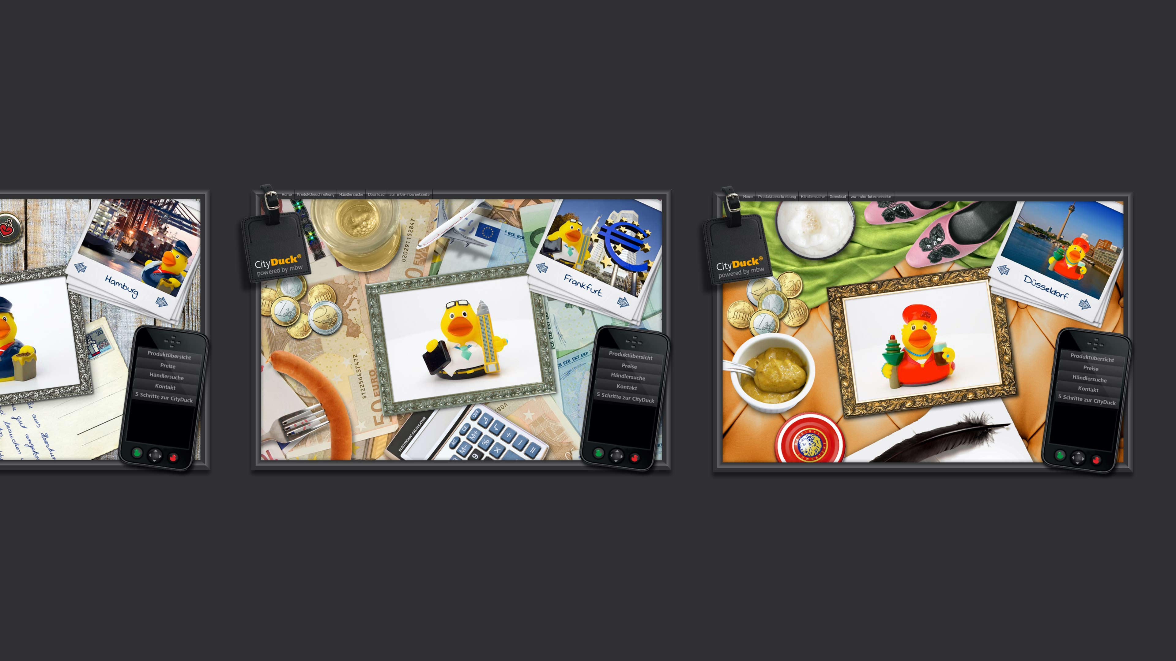 hochzwei_mbw_slider_03.jpg Drei eingerahmte Bilder von zwei gelben Enten