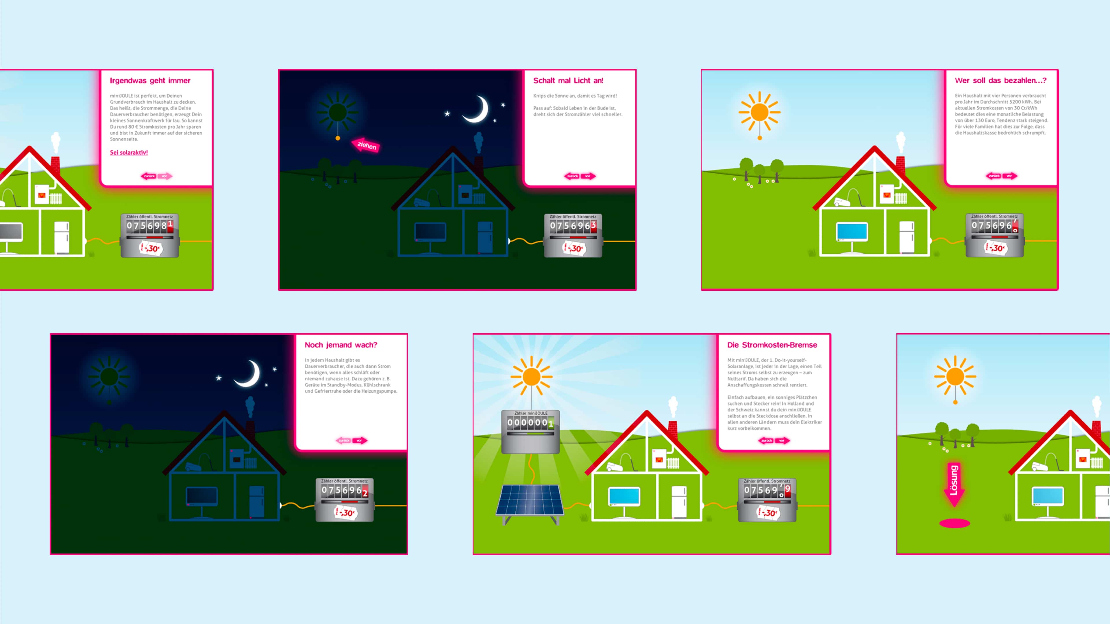 Vier Bilder mit einem weißen illustrierten Haus im Grünen