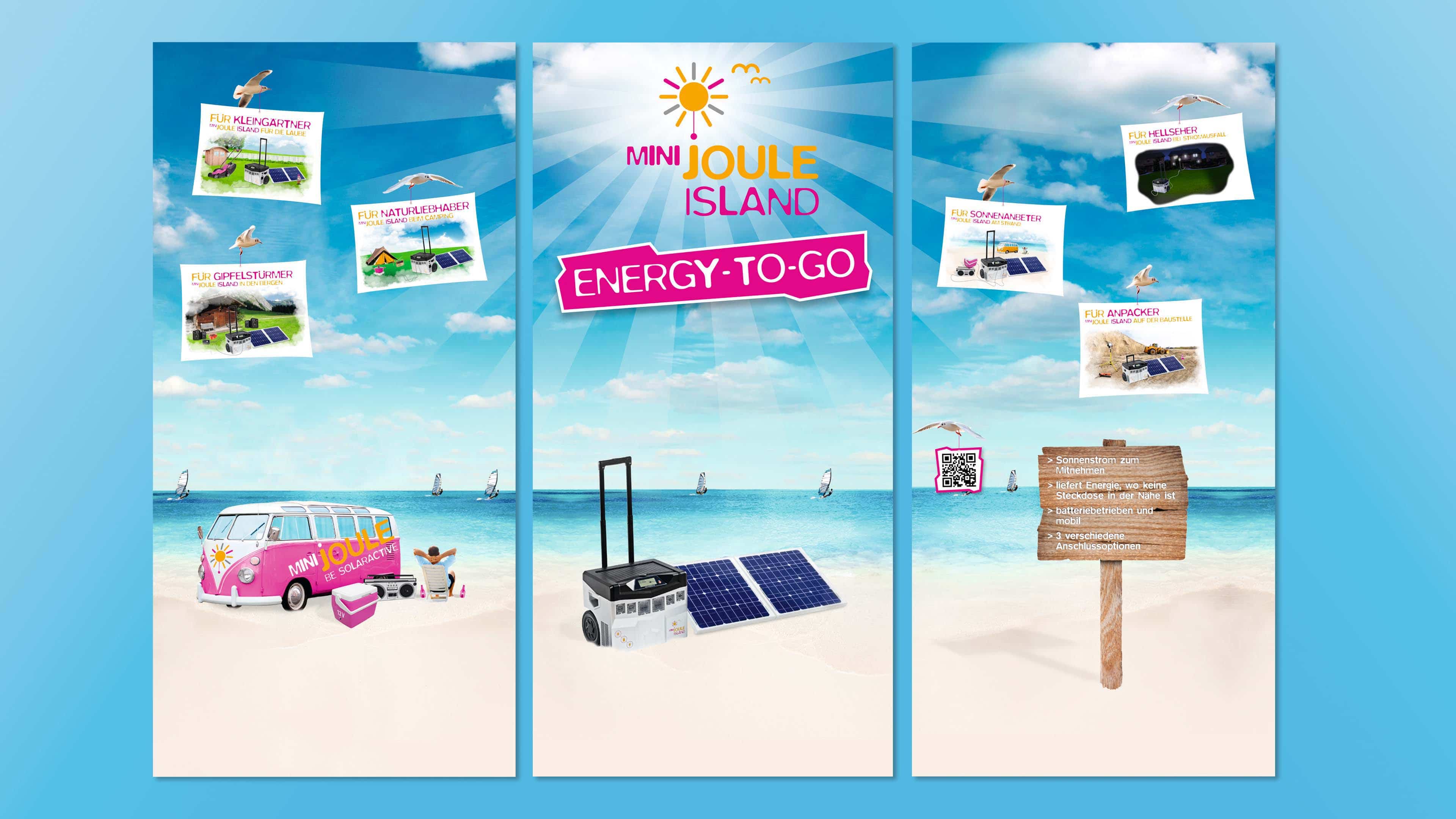 hochzwei_gpjoule_slider_02.jpg Drei zusammengeschnittene Bilder von einem illustrierten Strand mit einem pinken Bulli