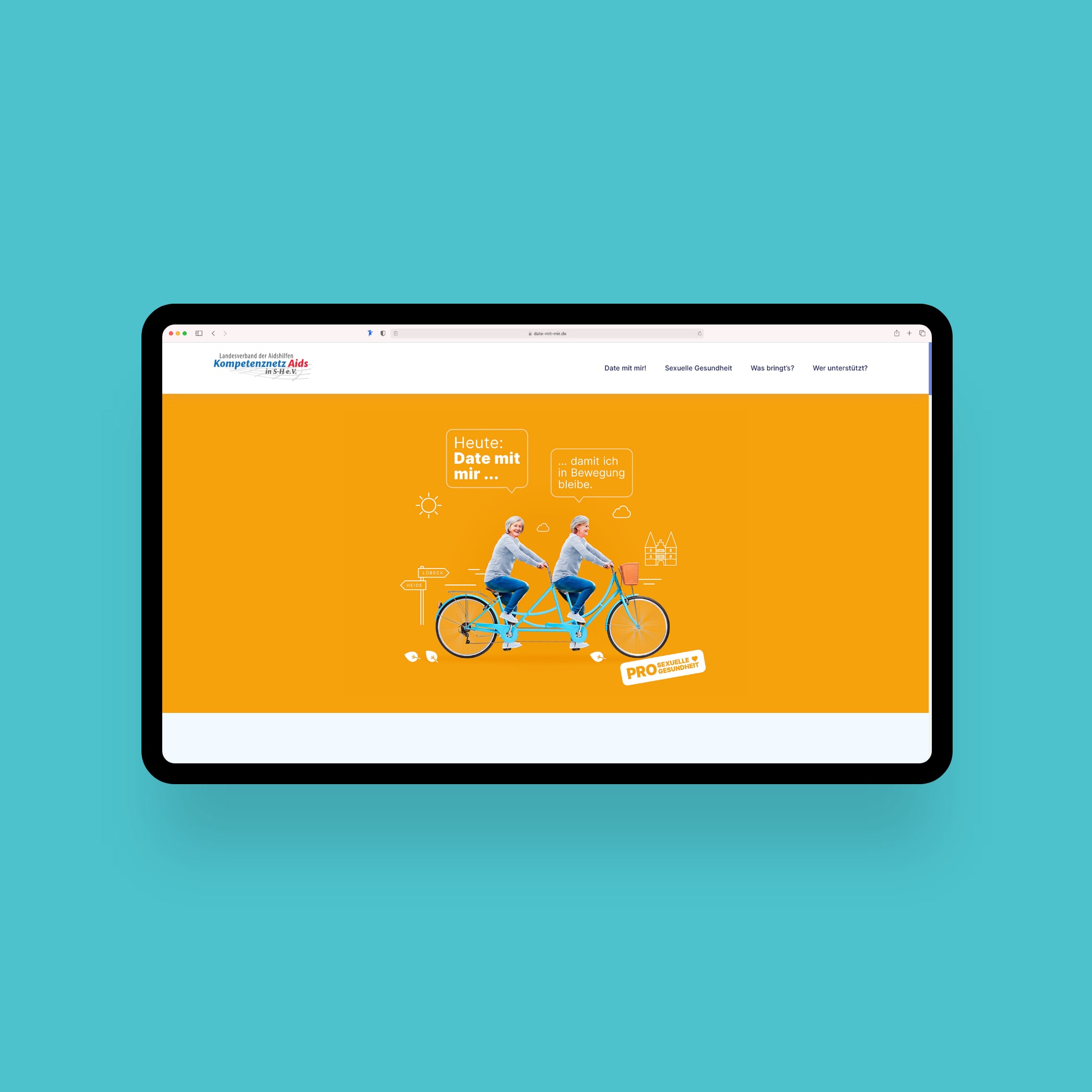 hochzwei_minso_teaser_02.jpg Hoempage von der Aidshilfe mit einem Bild von einer Frau auf einem Tandem