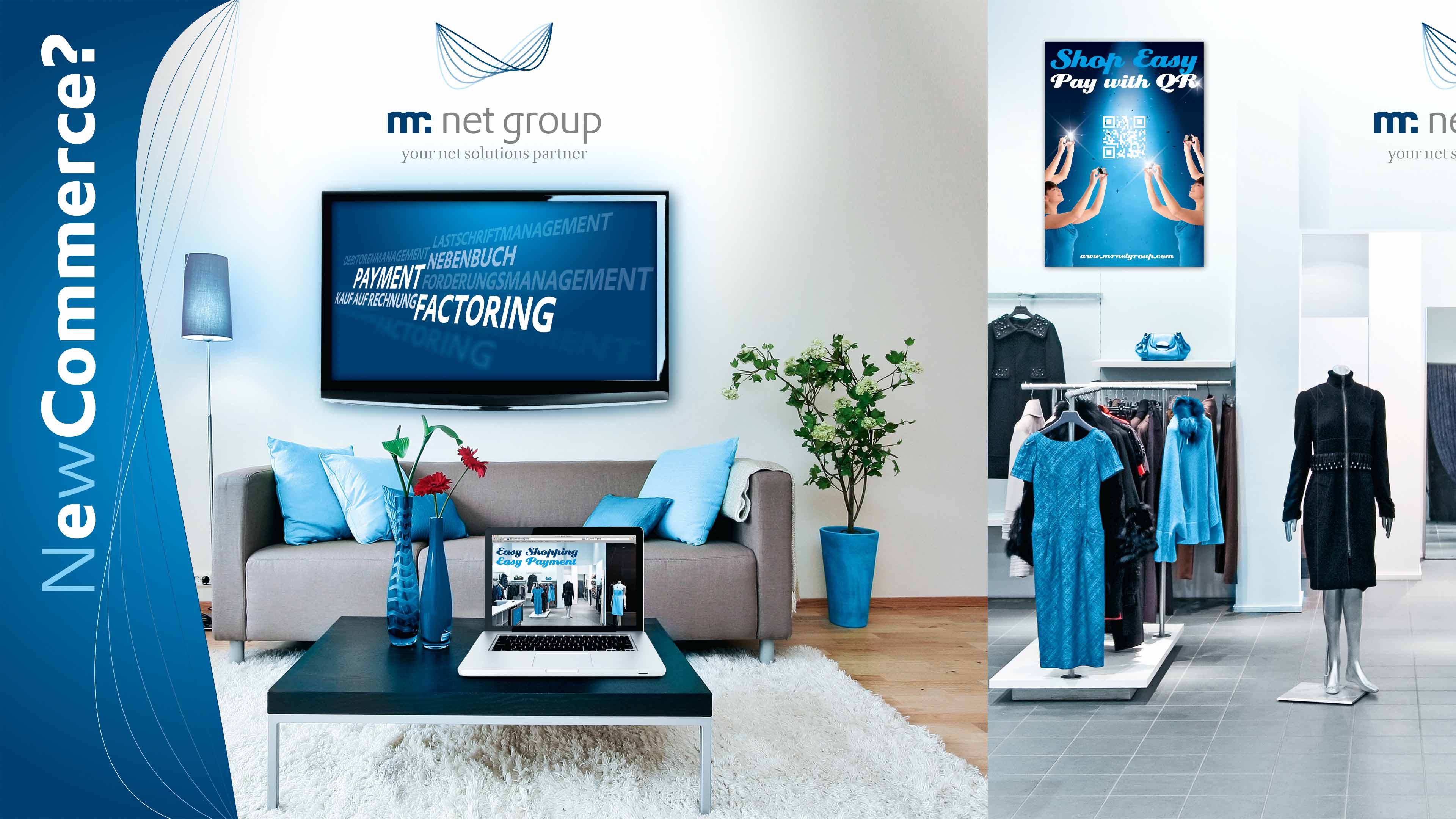 hochzwei_mrnt_slider_01.jpg Blick auf ein graues Sofa mit blauen Kissen und einem schwarzen Fernseher oben drüber