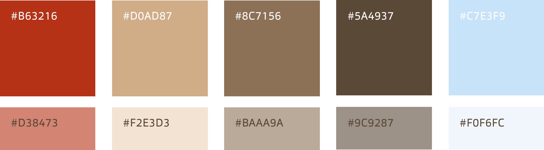 h2_noerre_teaser_01.jpg Zehn Farbkacheln mit Hex-Code – die definierten Farben für die Webseite.