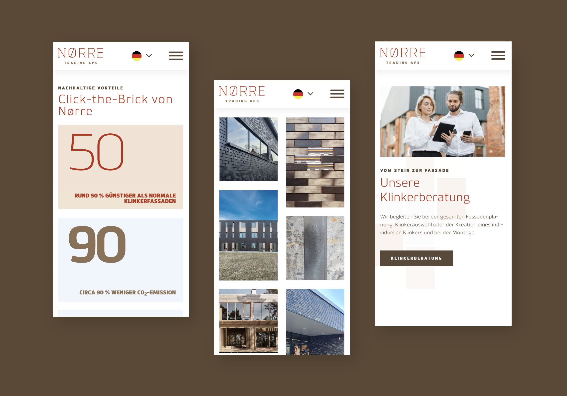 h2_noerre_teaser_10.jpg Drei Seitenbeispiele in der mobilen Ansicht auf braunem Hintergrund.
