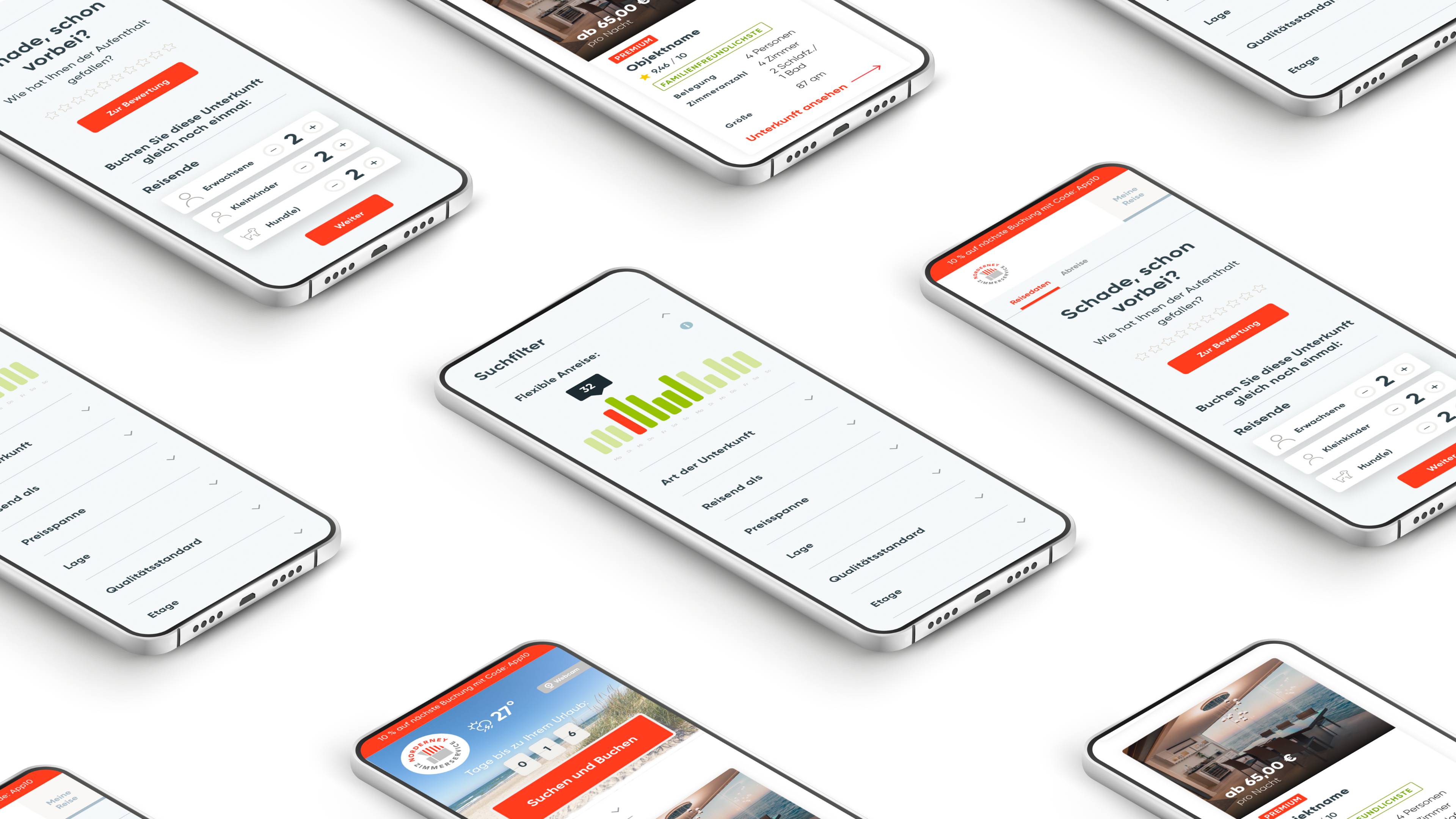 Aufgereihte Handys mit der mobilen Ansicht der Norderney Zimmerservice Website