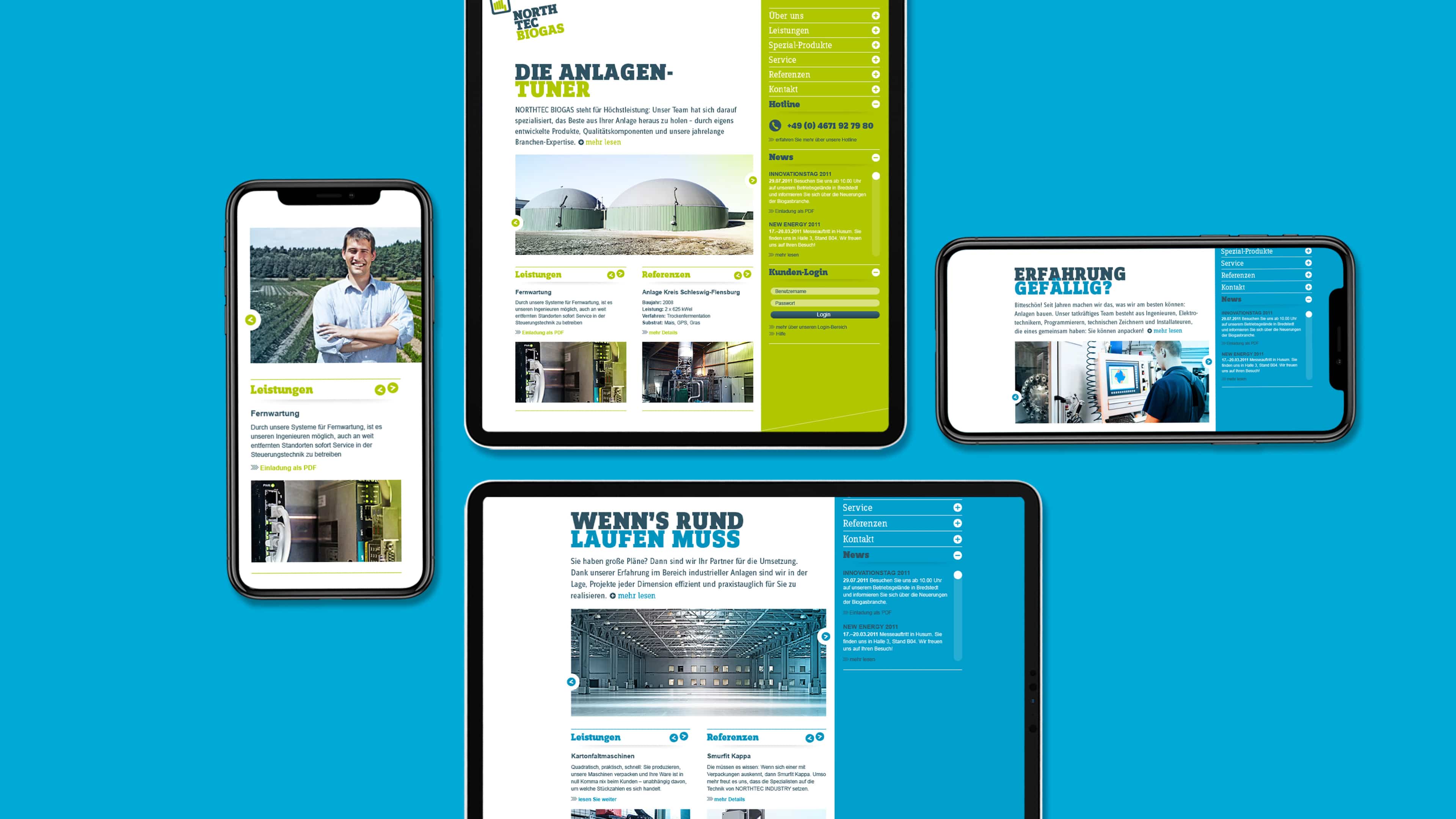 Vier digitale Ansichten der North Tec Homepage