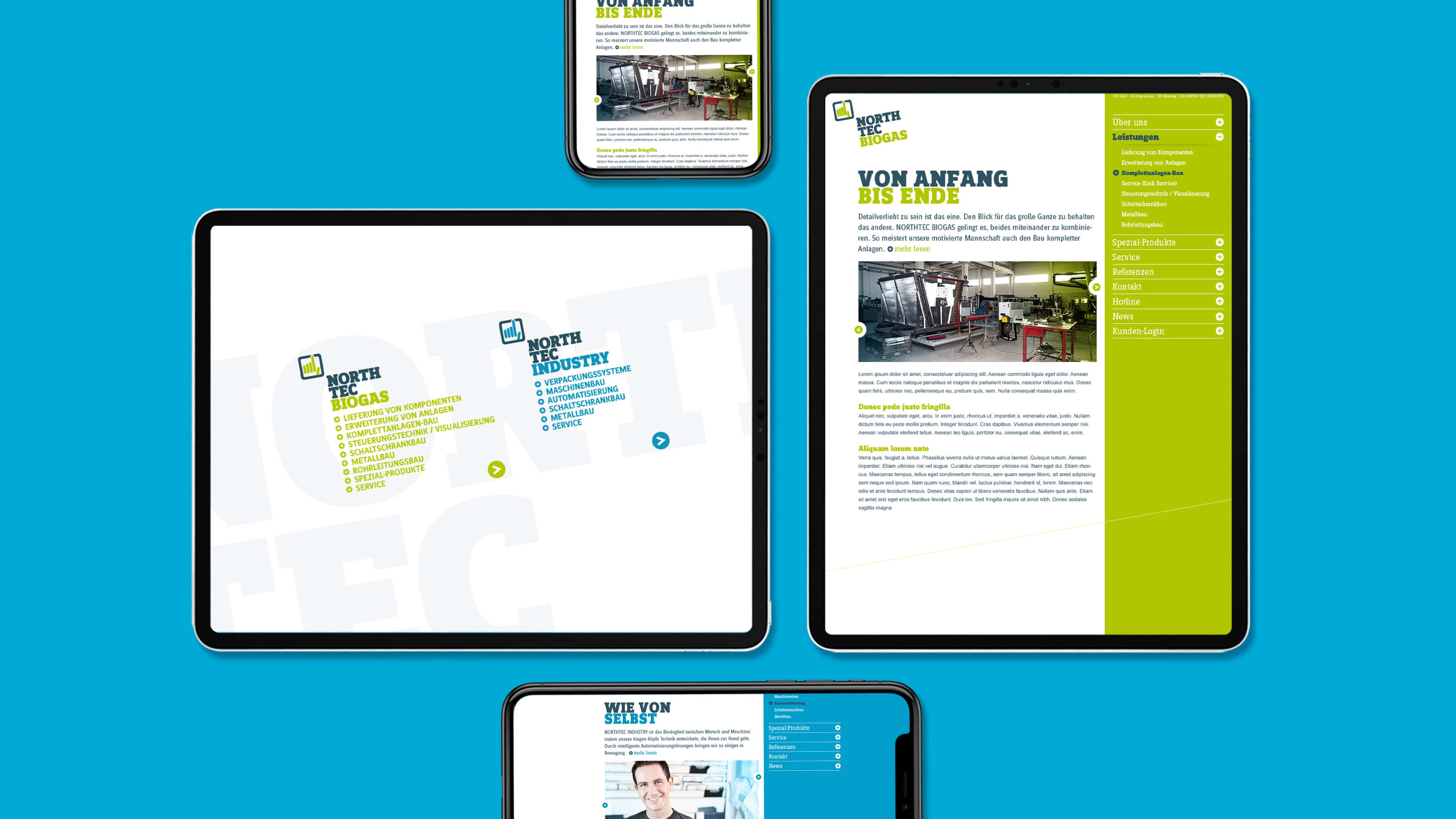 Vier digitale Ansichten von North Tec Homepage