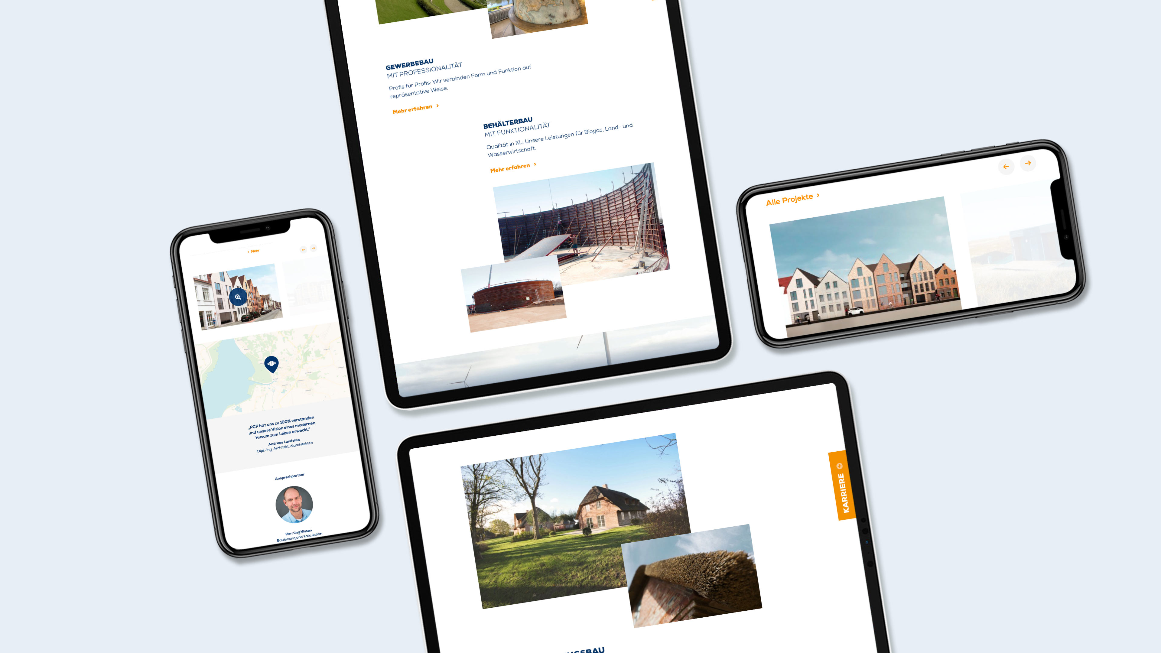 Vier unterschiedliche mobile Ansichten der PCP Homepage