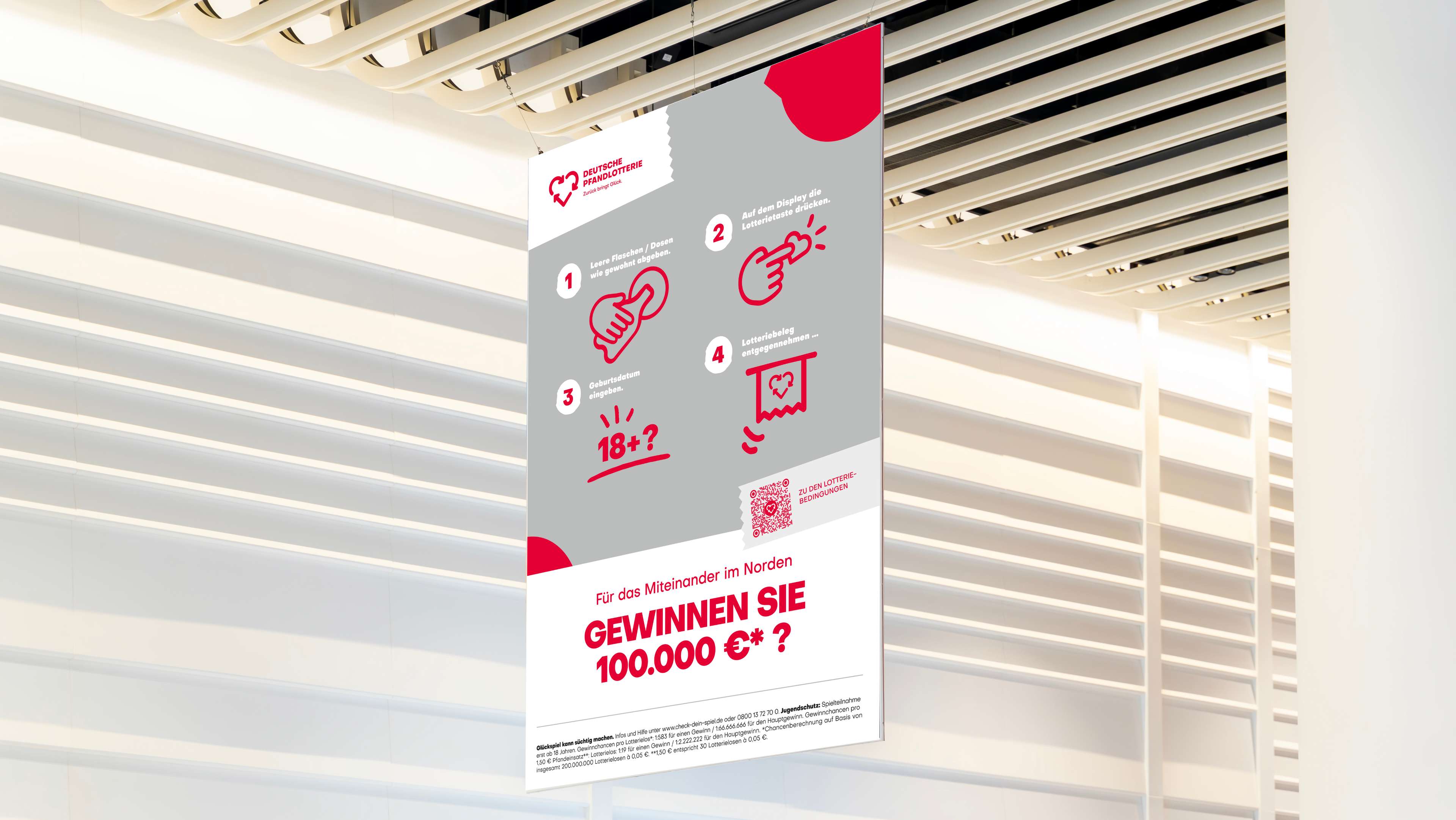 Ein hängendes Plakat zur Pfandlotterie