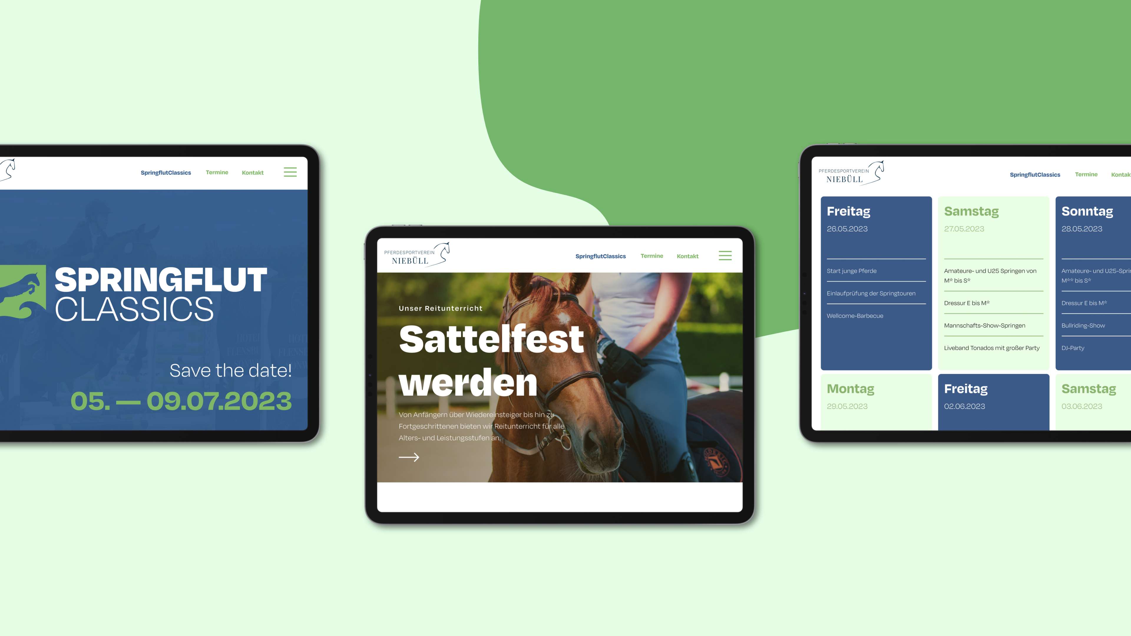 Die Headgrafik zeigt drei Bildschirme mit der neuen Seitengestaltung der Internetseite auf hell- und dunkelgrünem Grund mit einer geschwungenen Trennlinie.