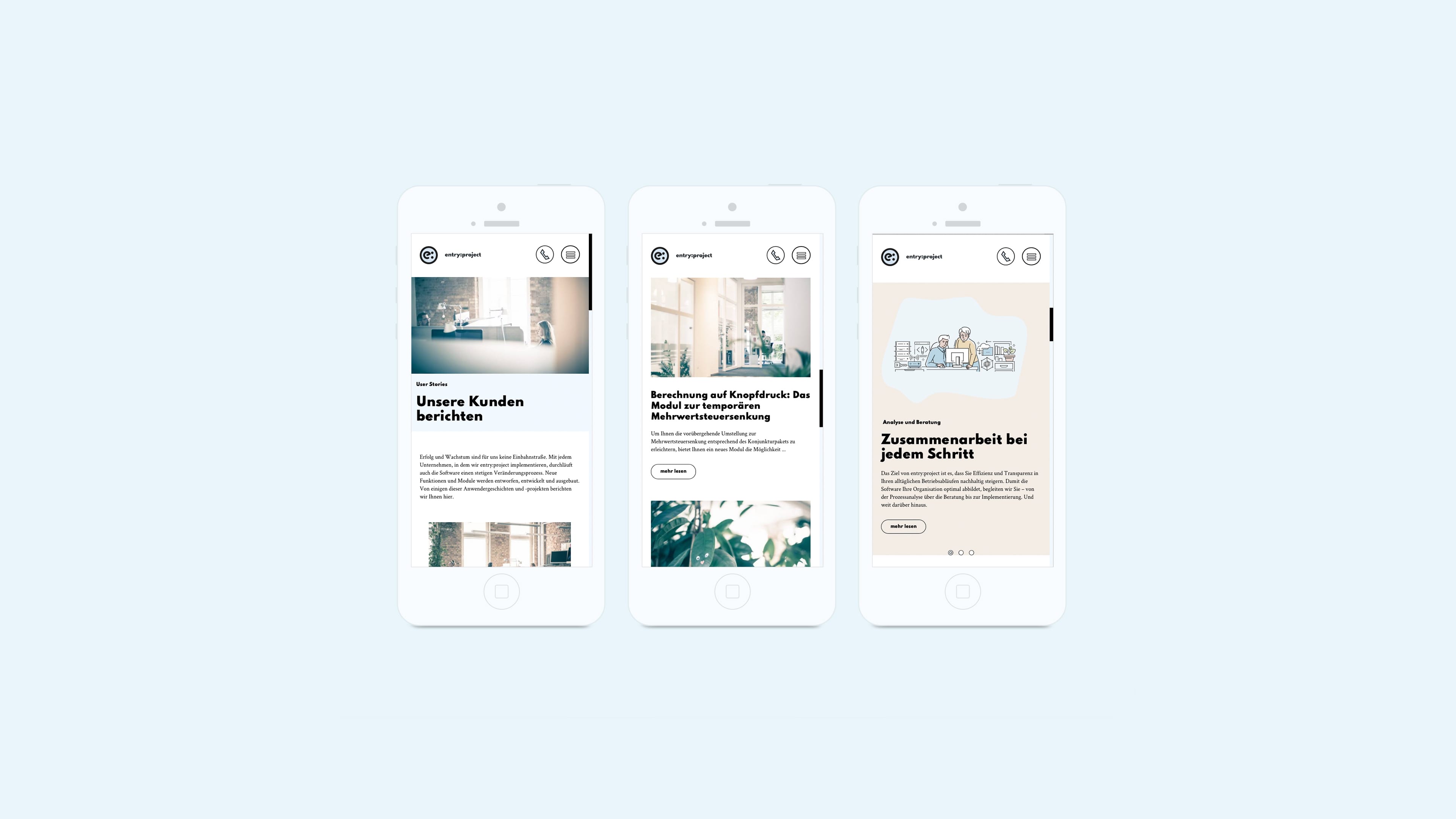 hochzwei_quadrat_slider_01.jpg Drei Smartphones mit der Entry Projekt Homepage