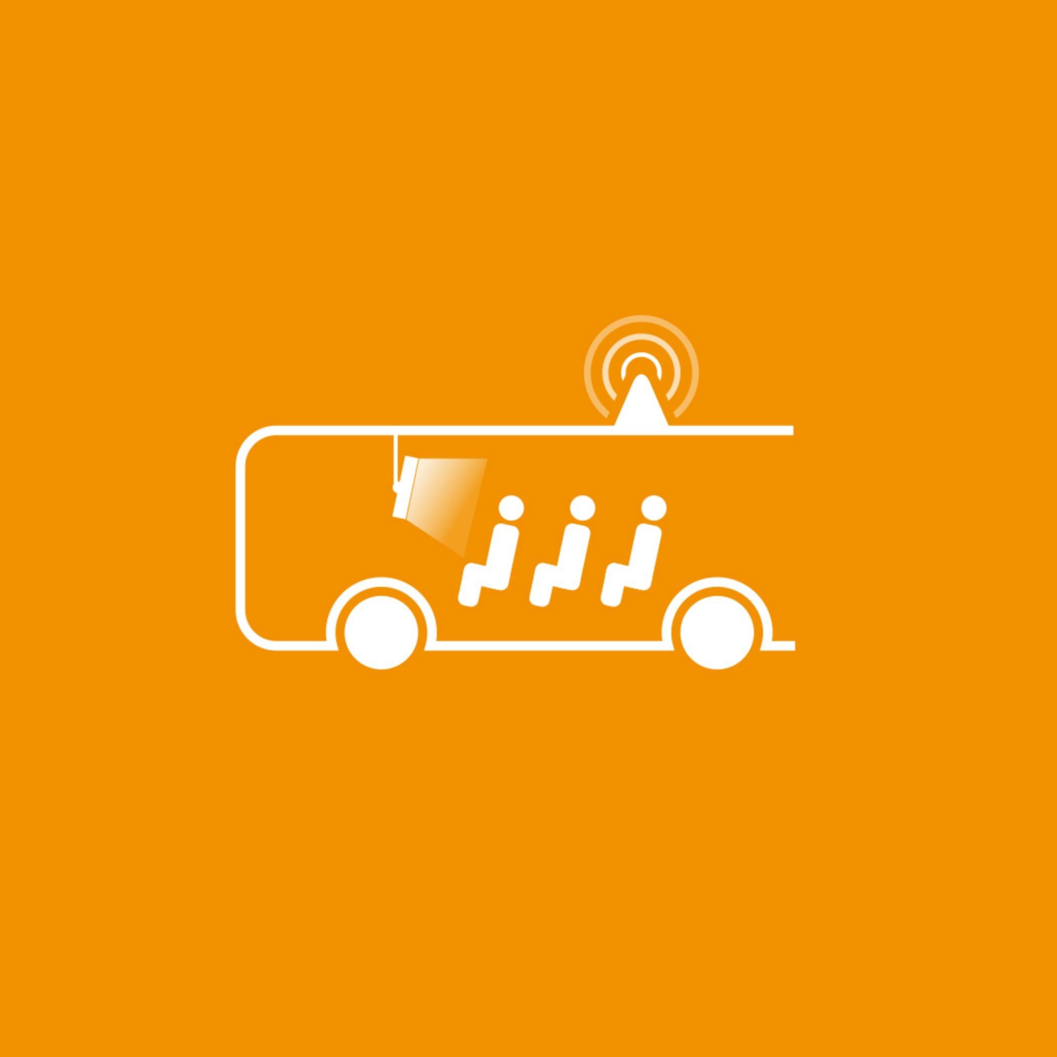 Orangene Kachel mit weißem Bus