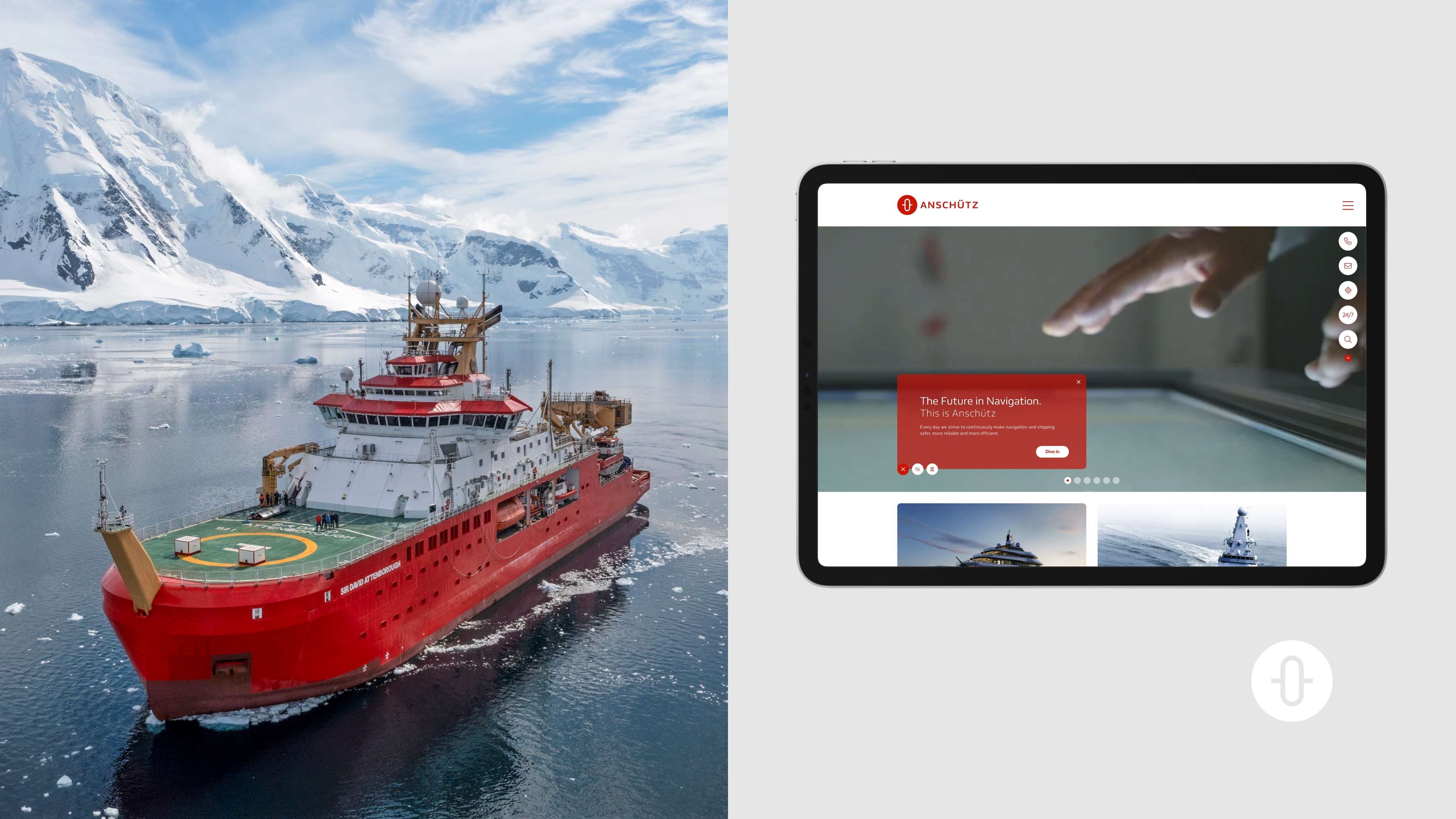 Zweigeteiltes Bild: Auf der linken Seite ein Schiff der Anschütz, auf der rechten Seite ein Smartphone mit der Anschütz Website
