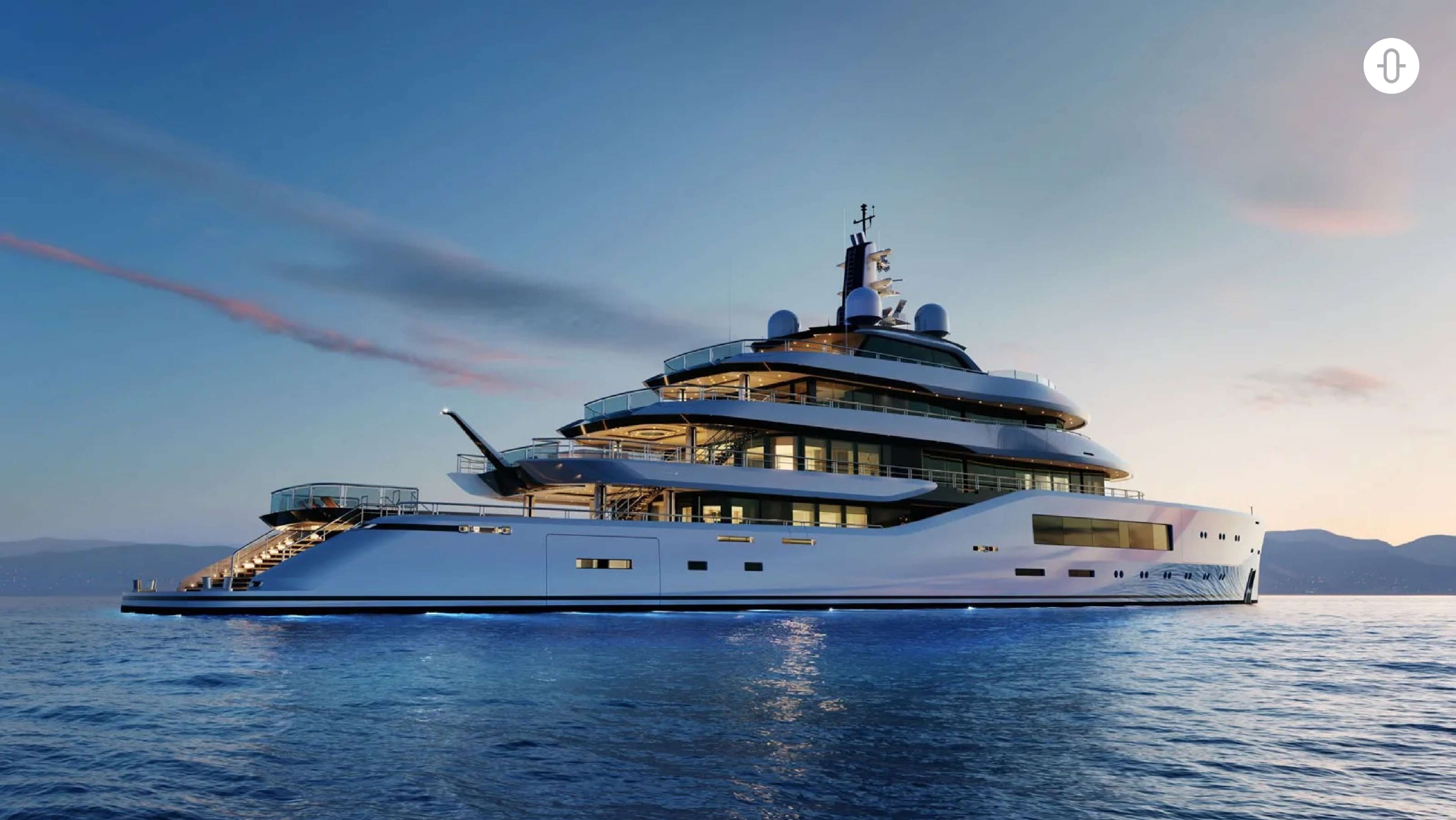 Eine große prachtvolle Luxusyacht in der Abenddämmerung