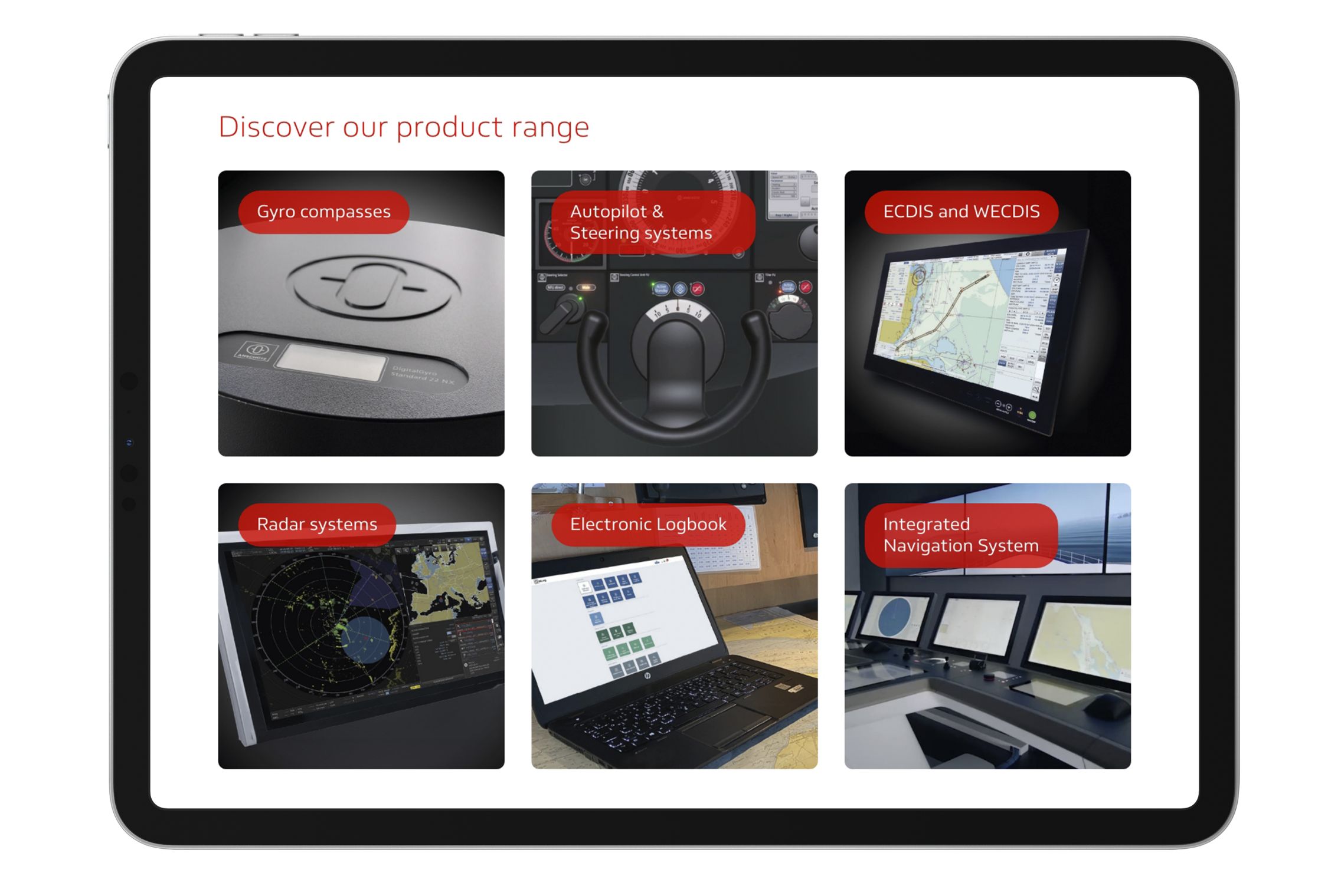Ein Tablet mit 6 Anschütz Produkten auf dem Bildschirm. Gyro compasses, autopilot and steering systems, ECDIS and WECDIS, radar systems, electronic logbook und integrated navigation systems