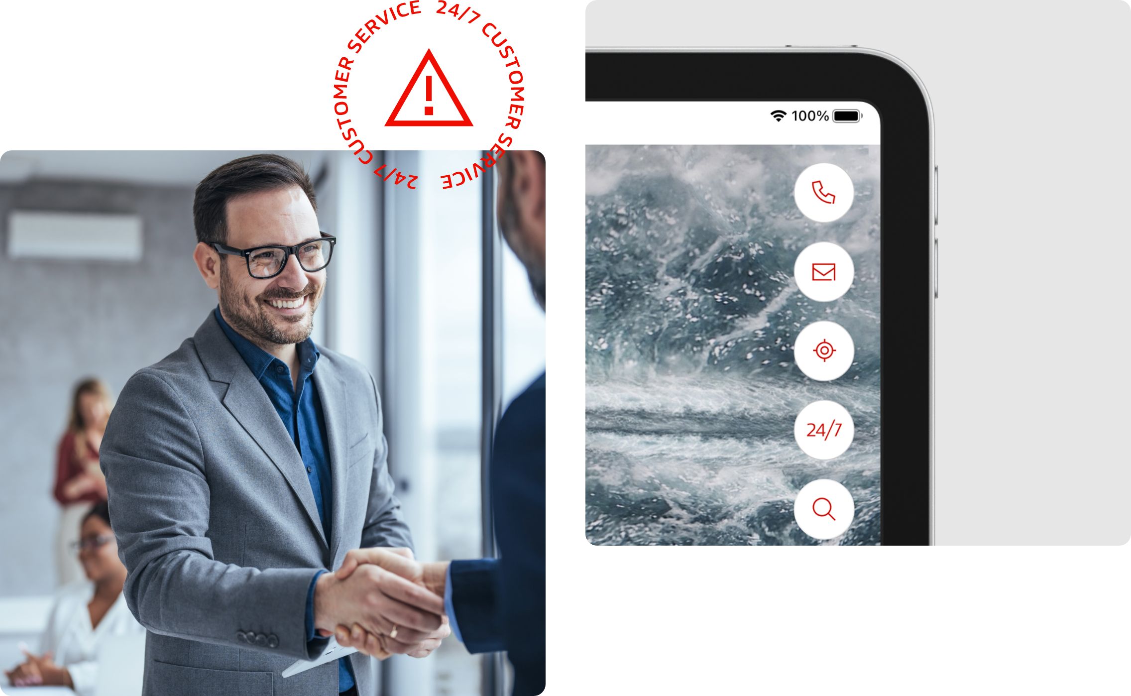 Zweigeteiltes Bild. Links: Ein Mann im Anzug, der einem anderen Mann lächelnd die Hand schüttelt. Rechts: rechte obere Ecke eines Smartphonebildschirms, die das Menü der neuen Anschütz Webseite zeigt.
