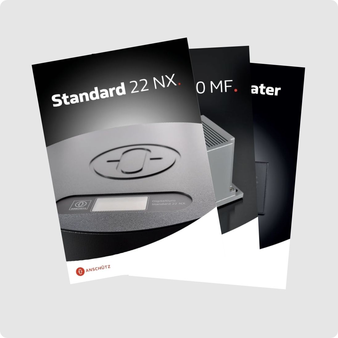 Mehrere Flyer von Anschütz Produkten. Der vorderste zeigt: Standard 22 NX.