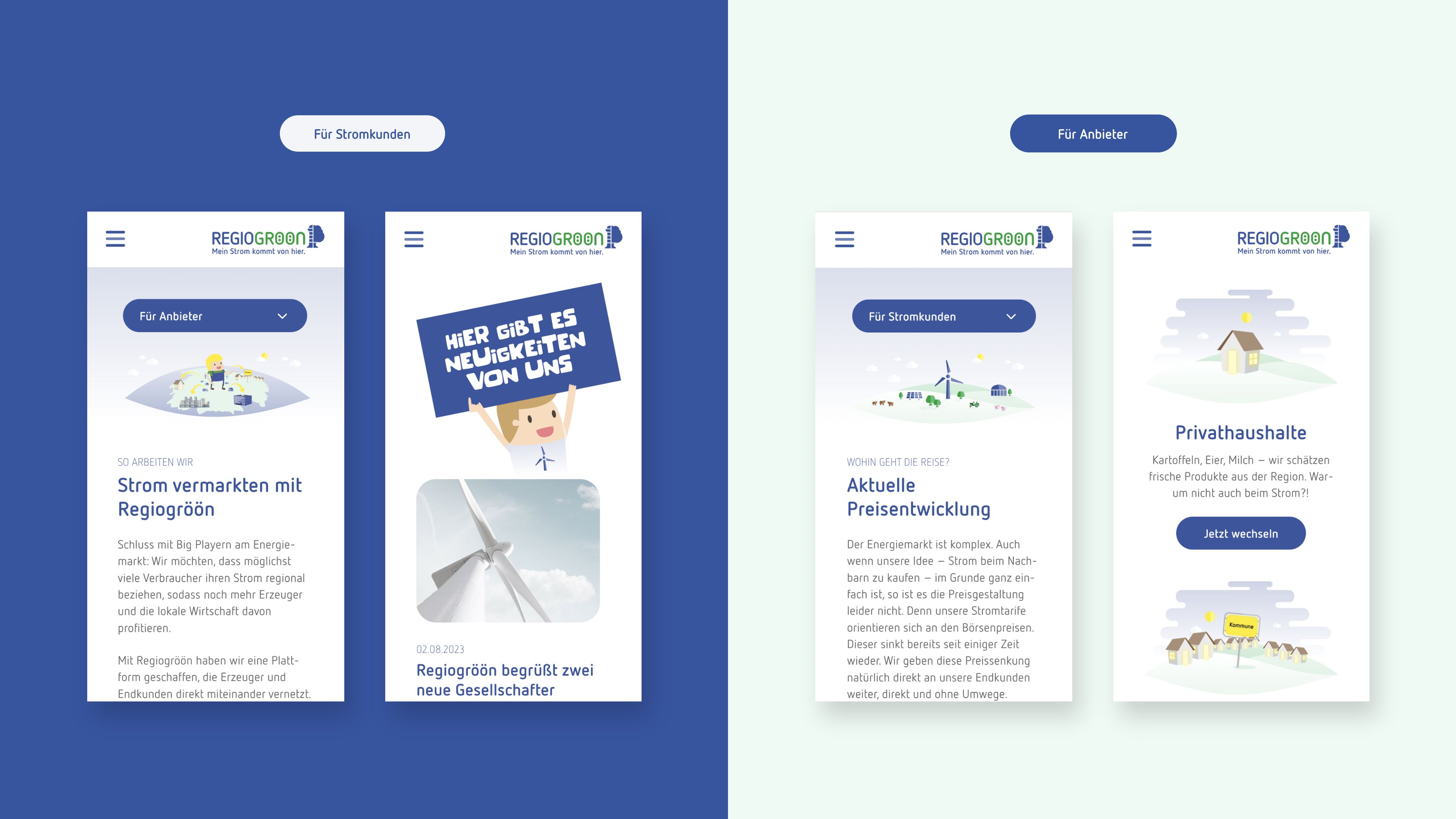 Die zweigeteilte Seite: Für Stromkunden und für Anbieter