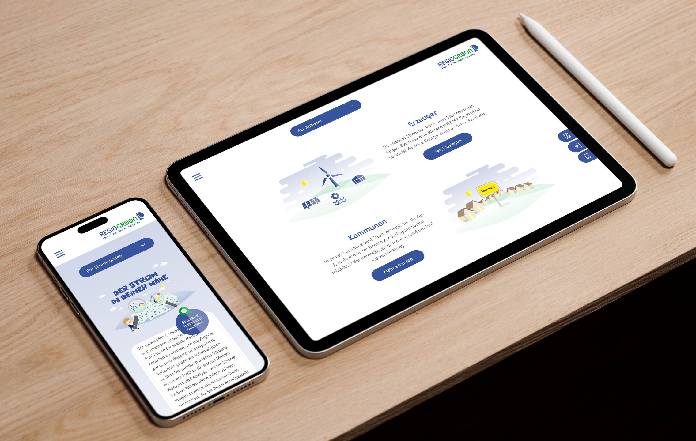 Ein tablet und ein Handy liegen auf einem Tisch und zeigen die neue Seite von Regiogröön