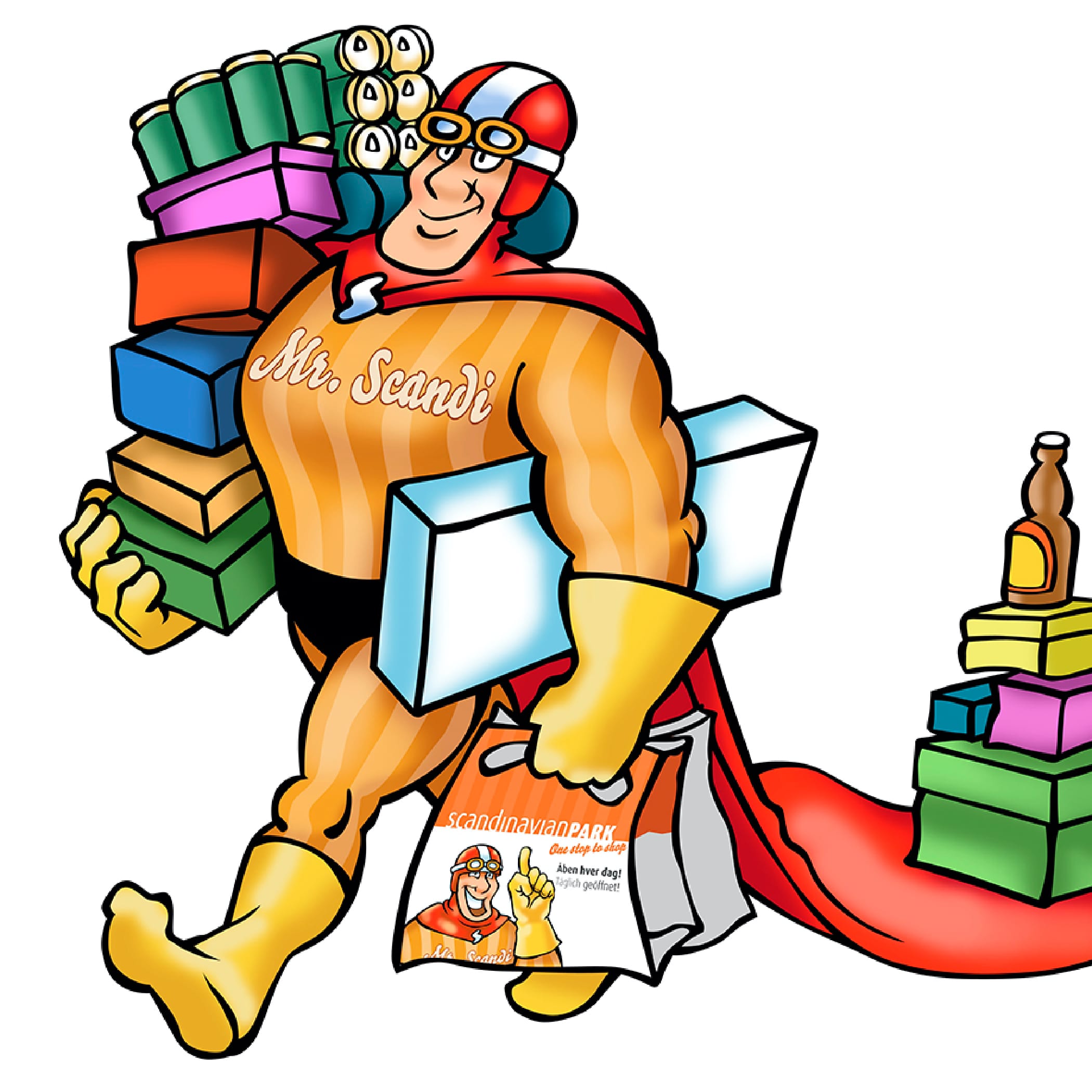 hochzwei_scan_teaser_03.jpg Illustrierter Mr Scandi trägt Pakete unter dem Arm