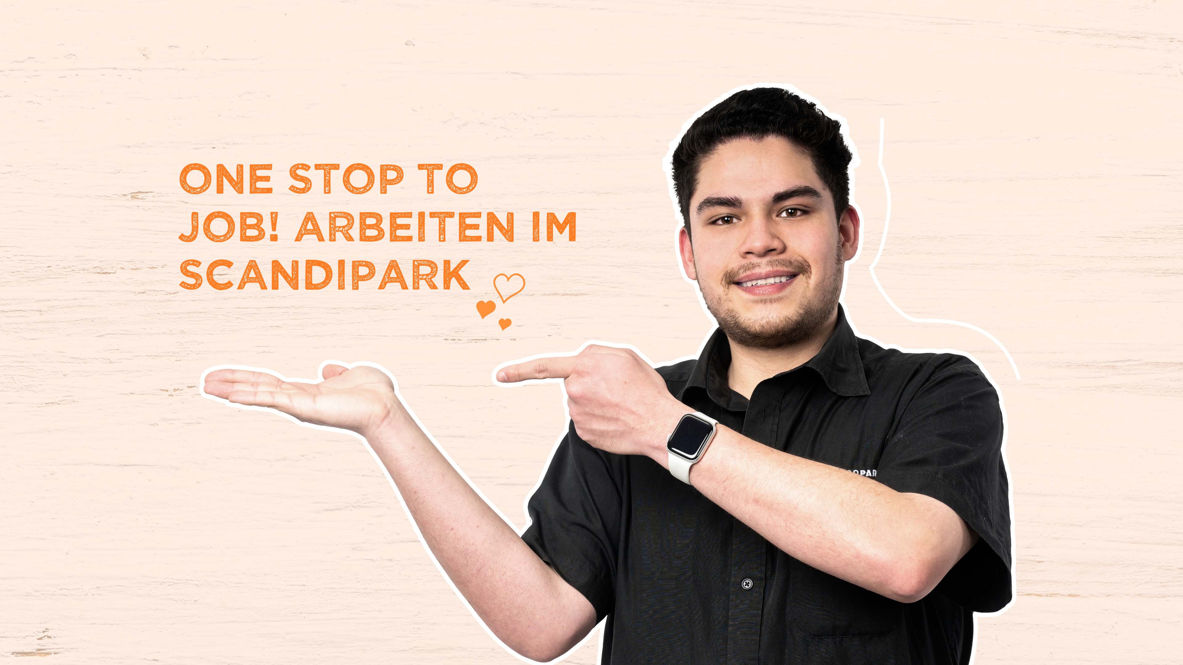 ScandiPark-Mitarbeiter und Text "One stop to job! Arbeiten im ScandiPark"