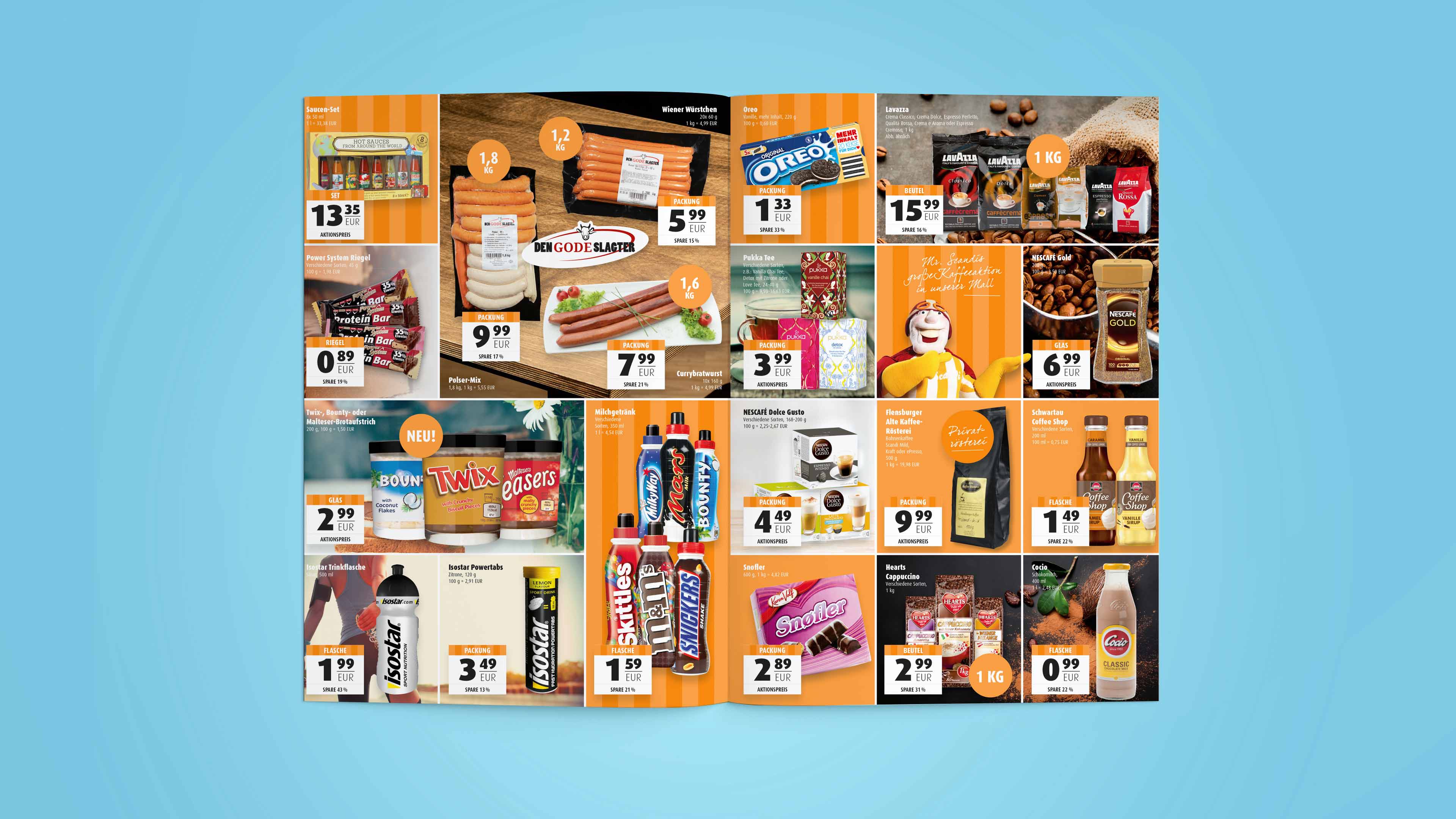 hochzwei_scan_slider_01.jpg Aufgeklappter Scandipark Prospekt mit Lebensmittelwerbung