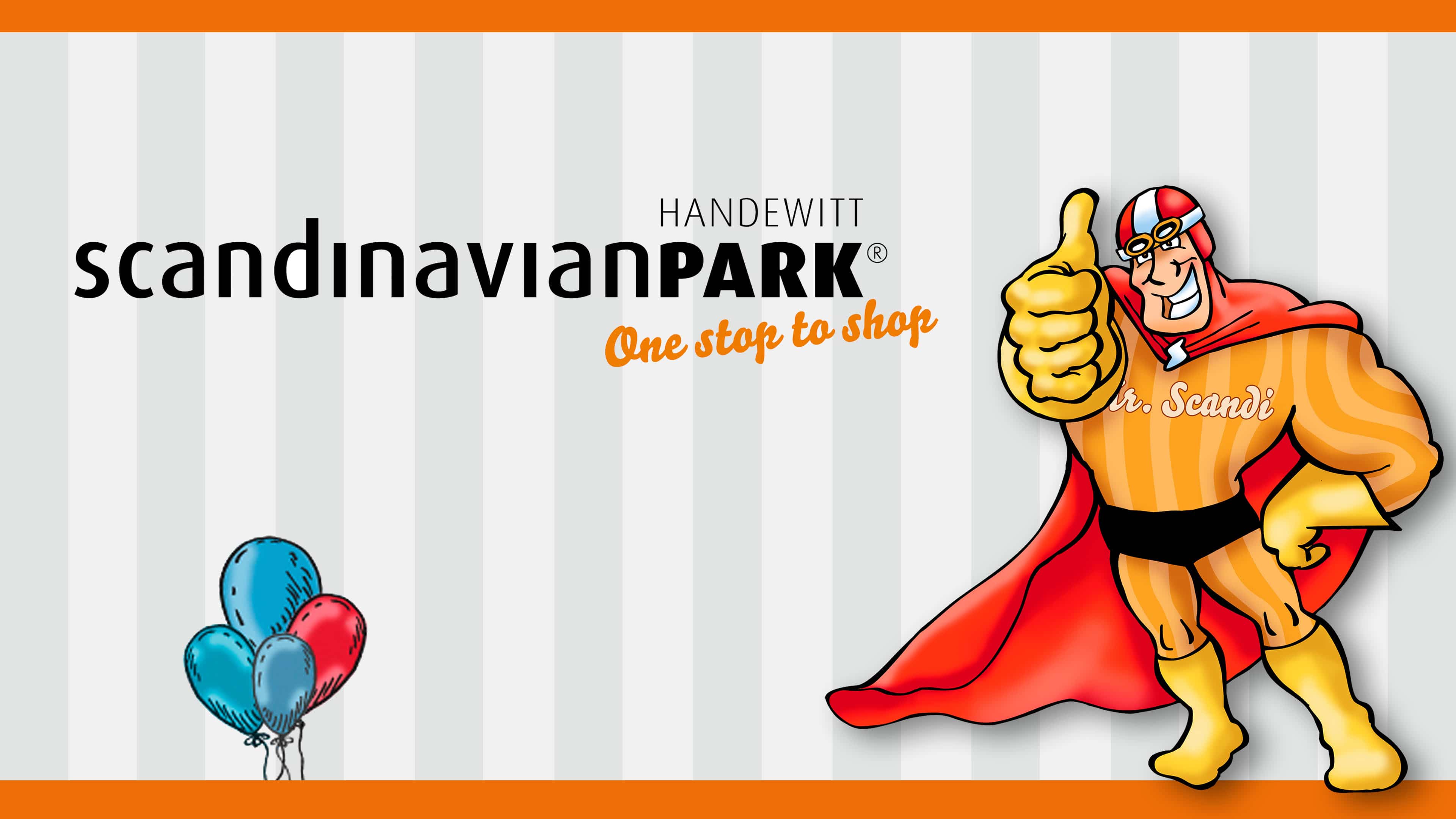 Scandipark Logo mit Ballons und Mr Scandi