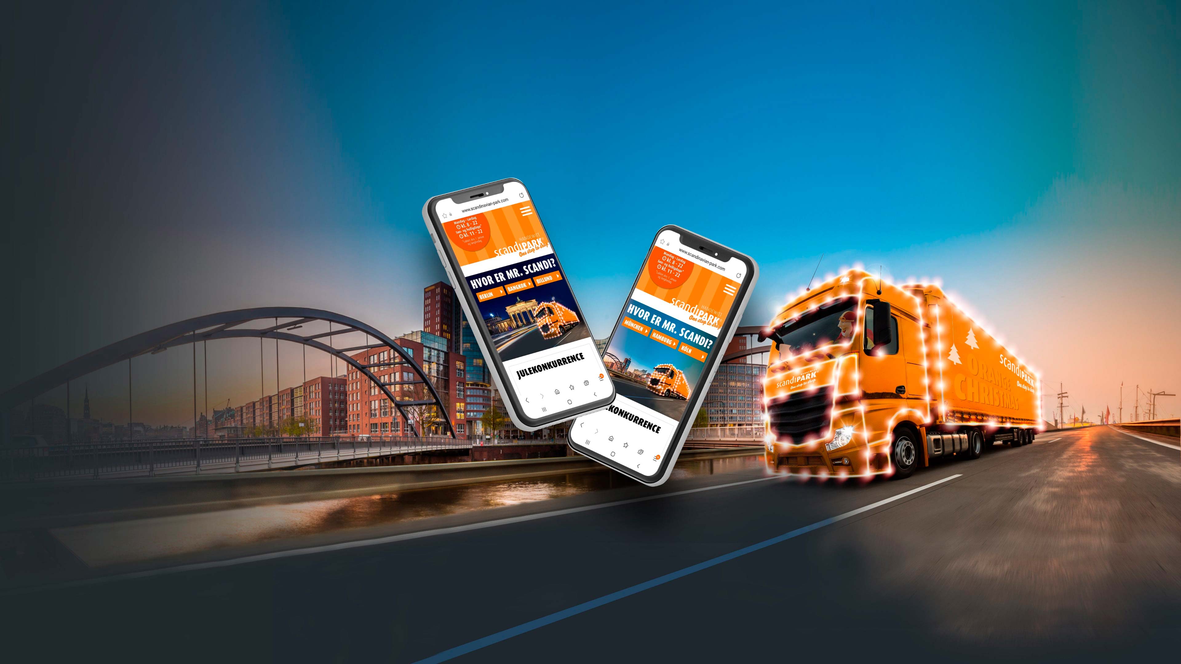 Gelber Mr Scandi Truck fährt über eine Brücke