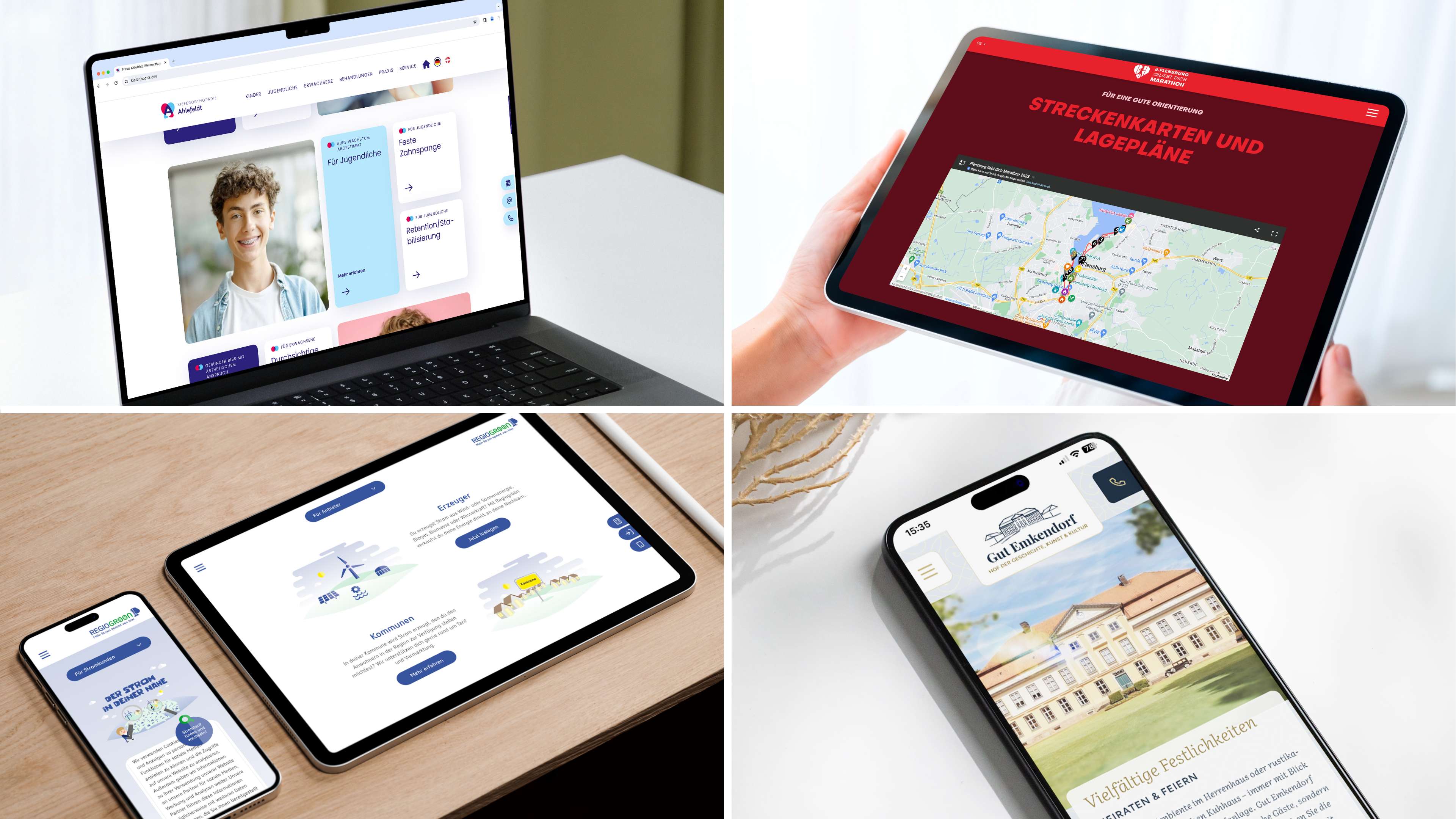 Beispielbild mit verschiedenen Screendesigns auf verschiedenen Geräten abgebildet. Ein Laptop mit Praxis Ahlefeldt, ein Tablet mit Flensburg Marathon, ein Tablet und ein Smartphone mit Regiogröön und ein Smartphone mit gut Emkendorf