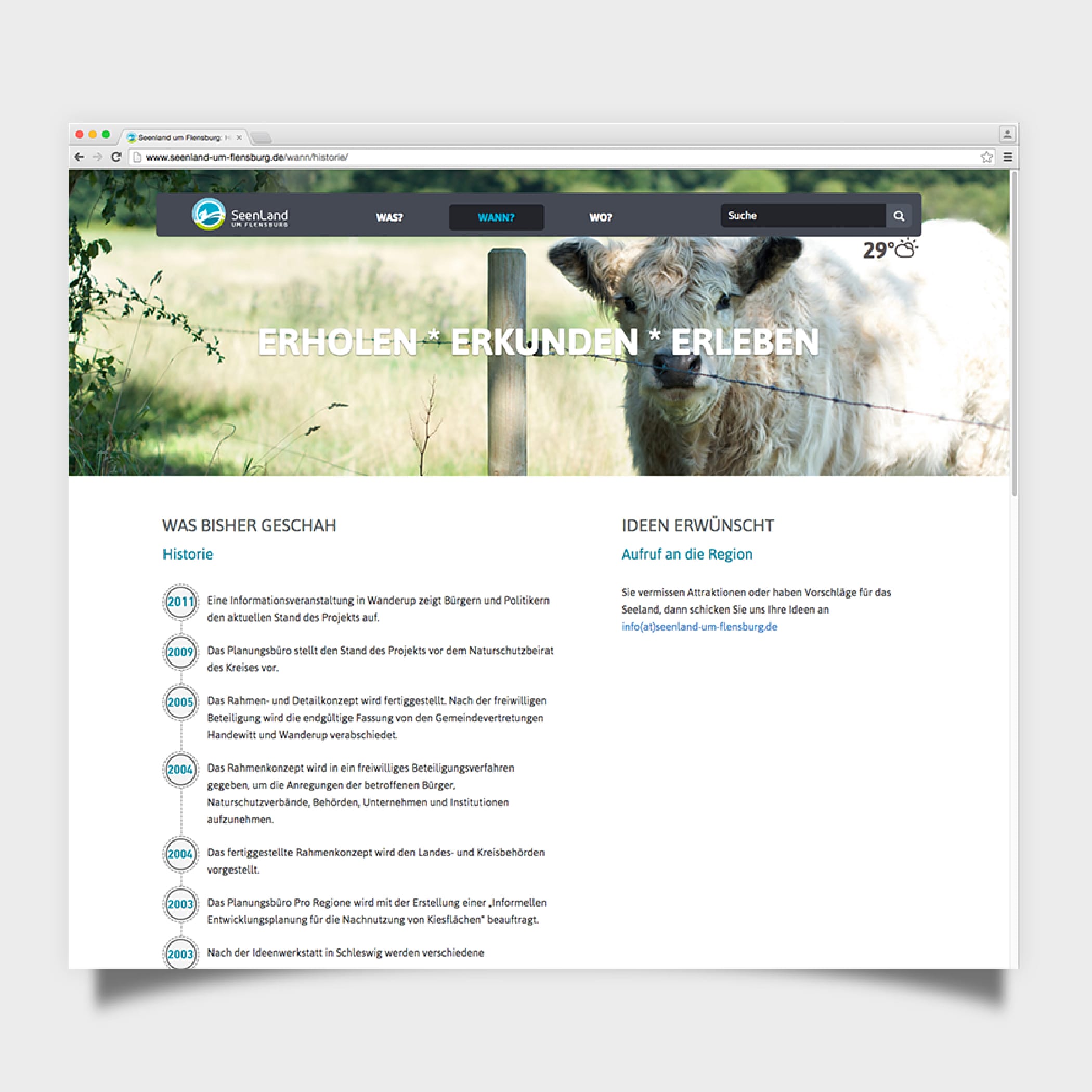 Homepage von Seenland mit deren Historie