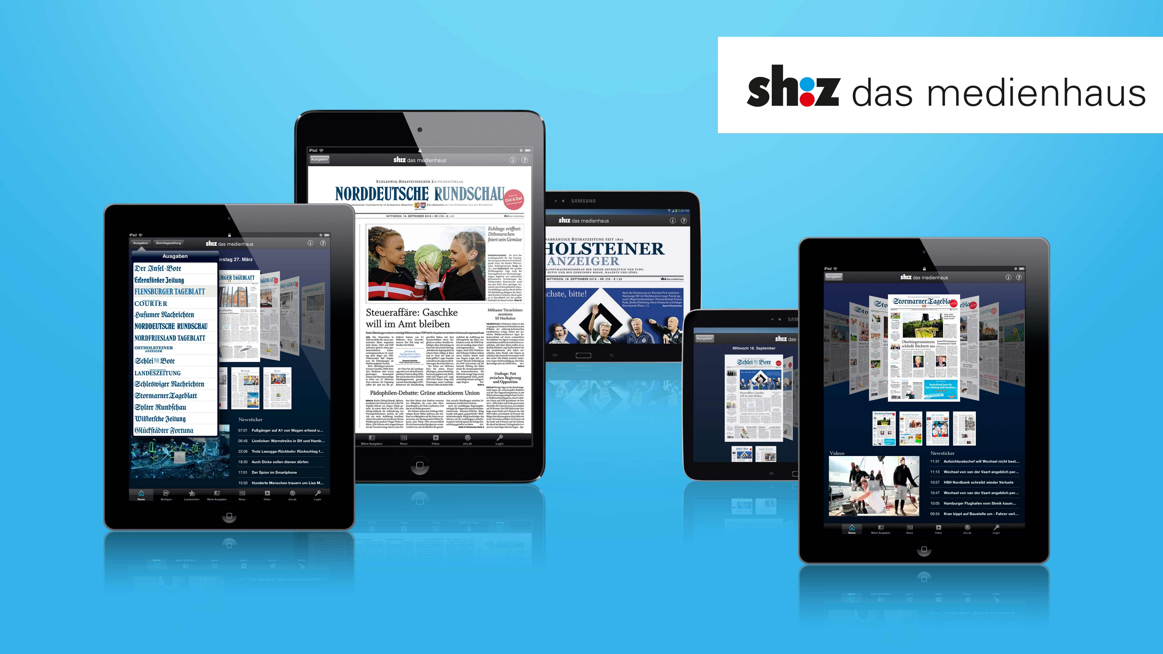 Fünf Ipad Ansichten der shz zeitungen