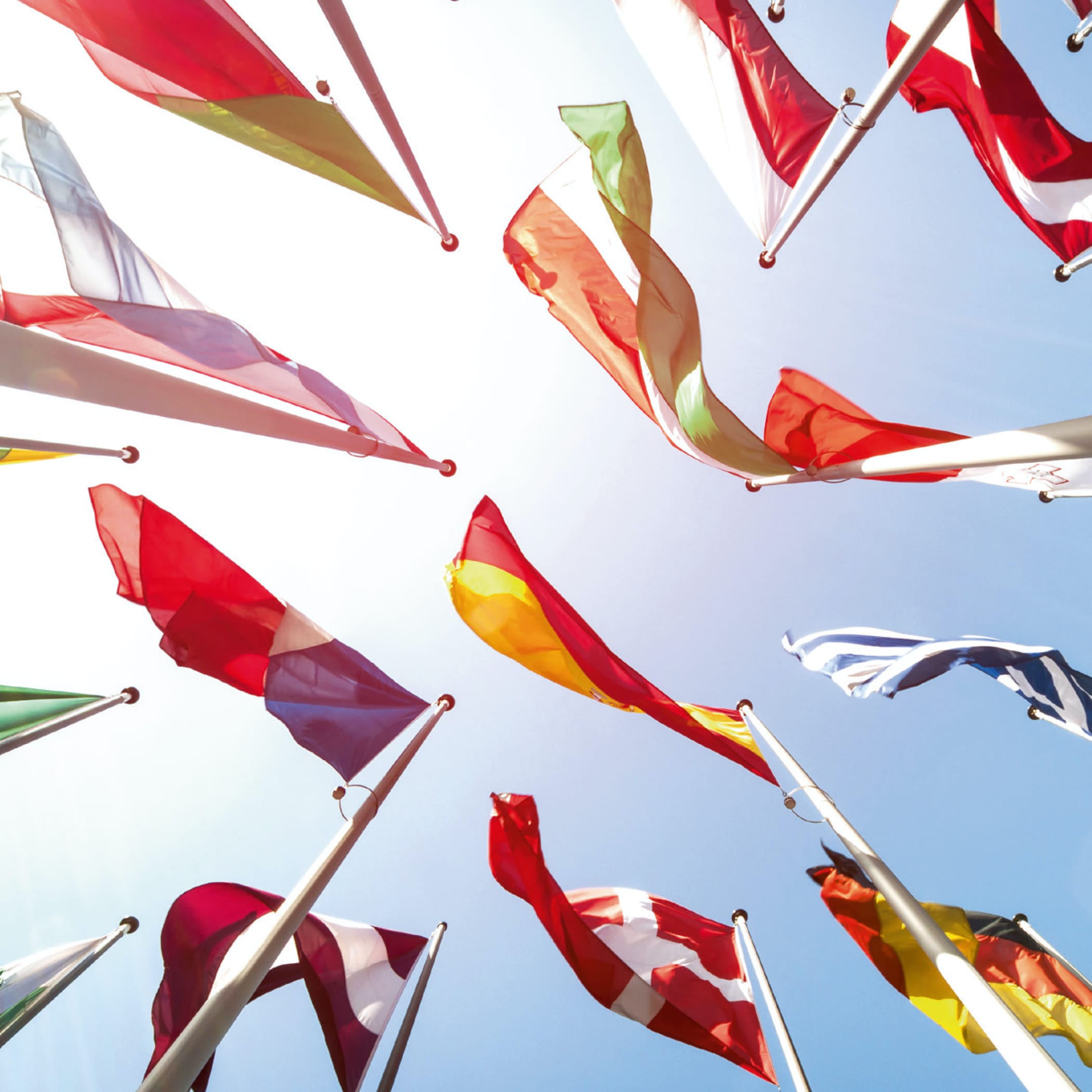 hochzwei_spho_teaser_03.jpg Weiße Fahnenmaste mit verschiedenen Länderflaggen